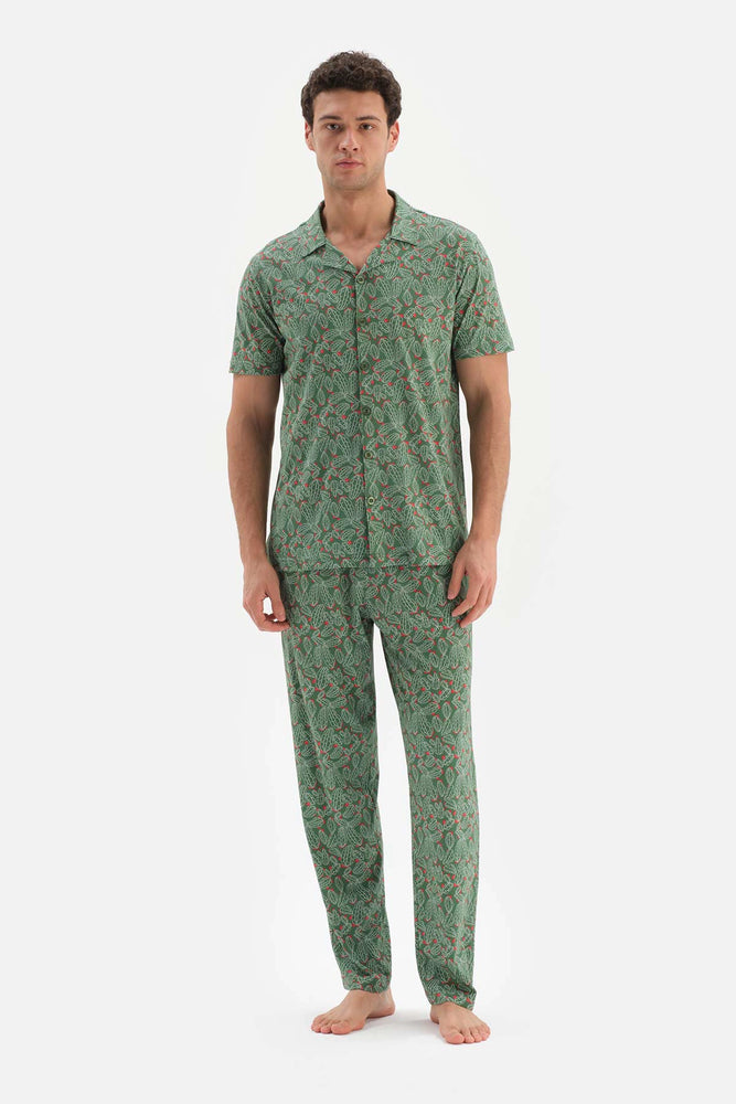 Yeşil Gömlek Yaka Metraj Baskılı Modal Pijama Takımı