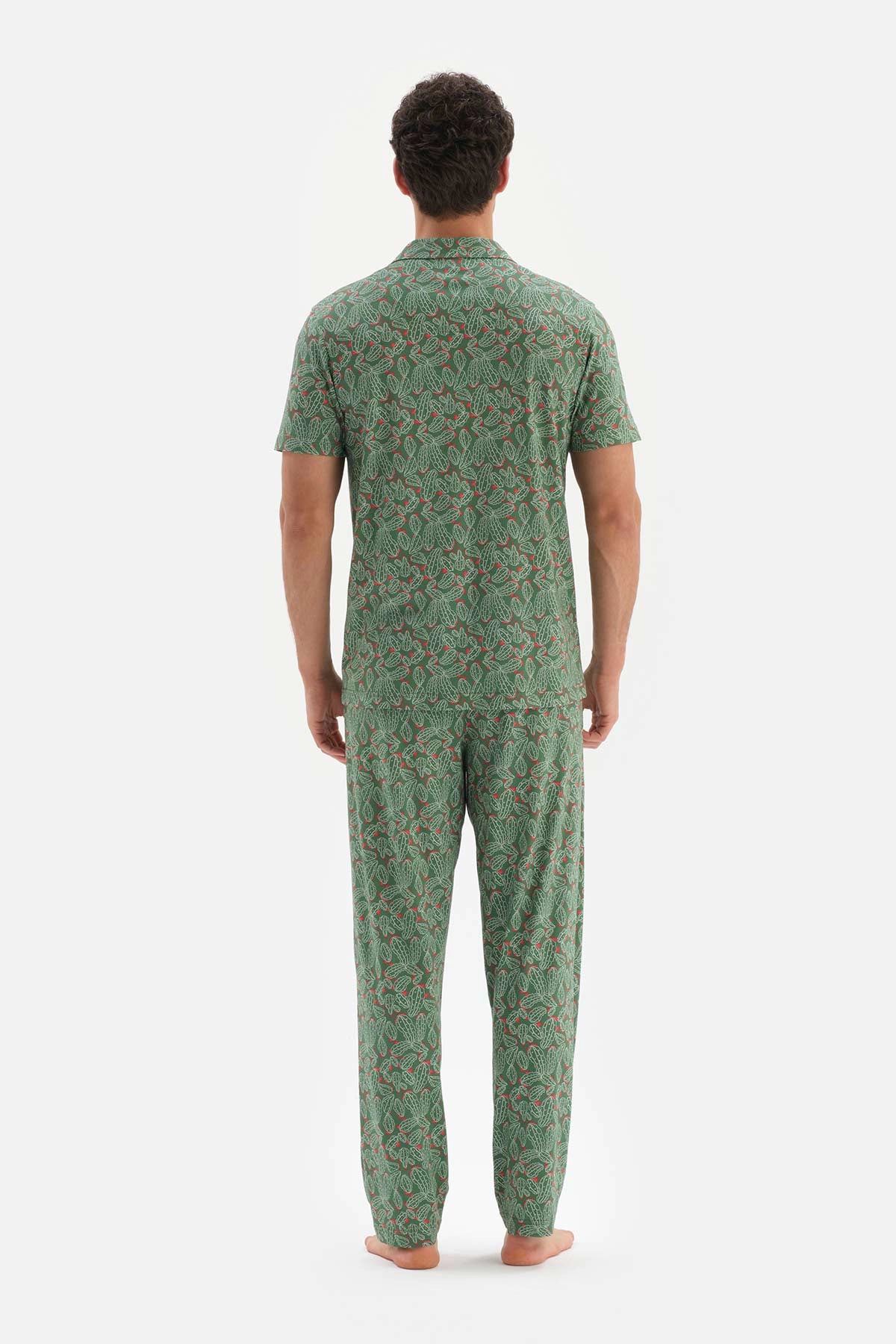 Yeşil Gömlek Yaka Metraj Baskılı Modal Pijama Takımı
