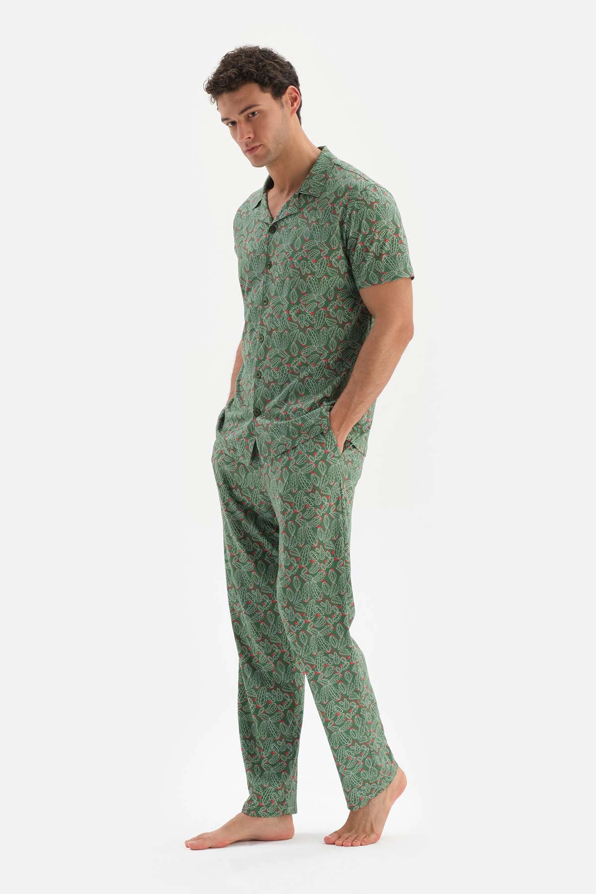 Yeşil Gömlek Yaka Metraj Baskılı Modal Pijama Takımı