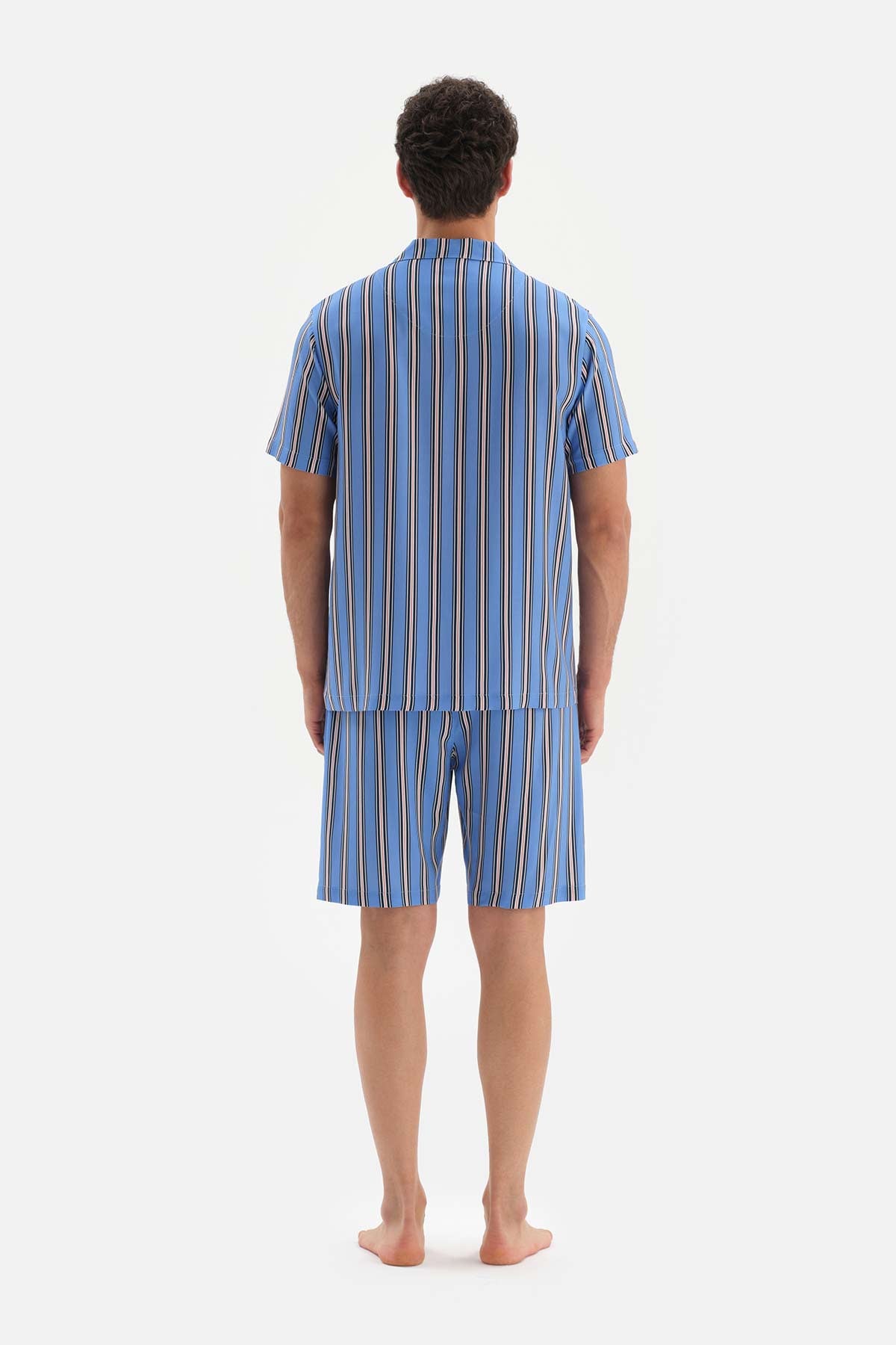Mavi Gömlek Yaka Çizgili Şortlu Dokuma Pijama Takımı