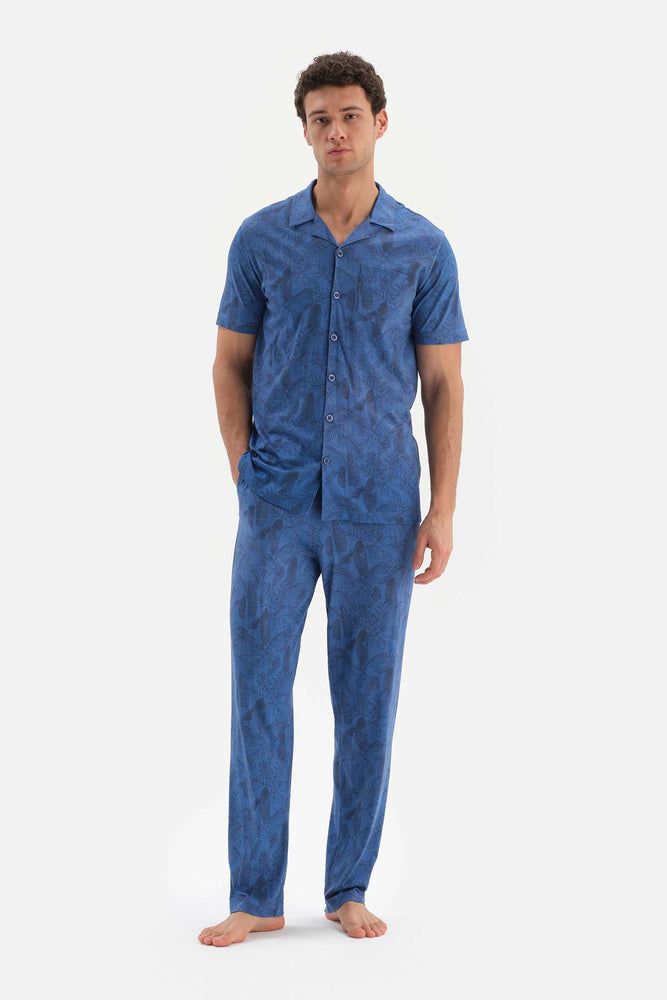 Mavi Gömlek Yaka Metraj Baskılı Pamuk Modal Pijama Takımı