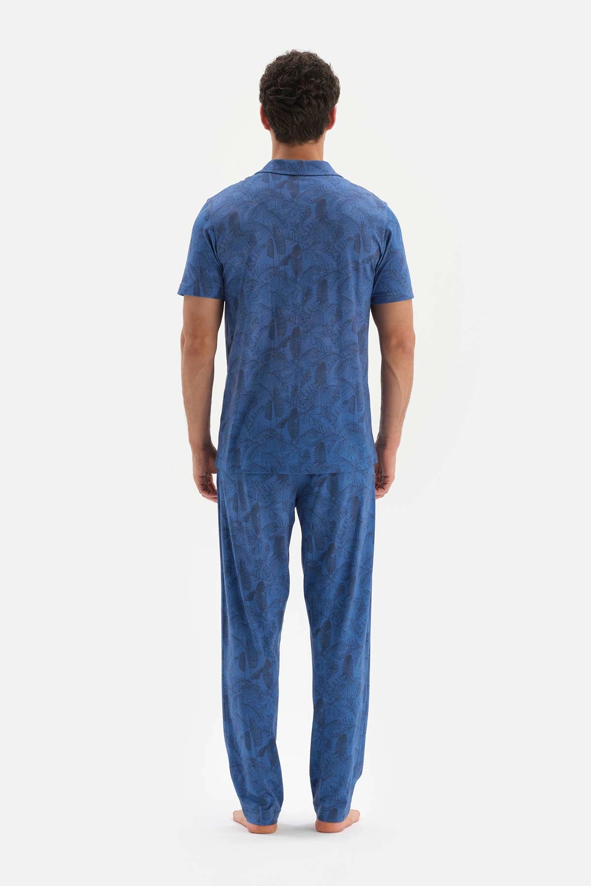 Mavi Gömlek Yaka Metraj Baskılı Pamuk Modal Pijama Takımı