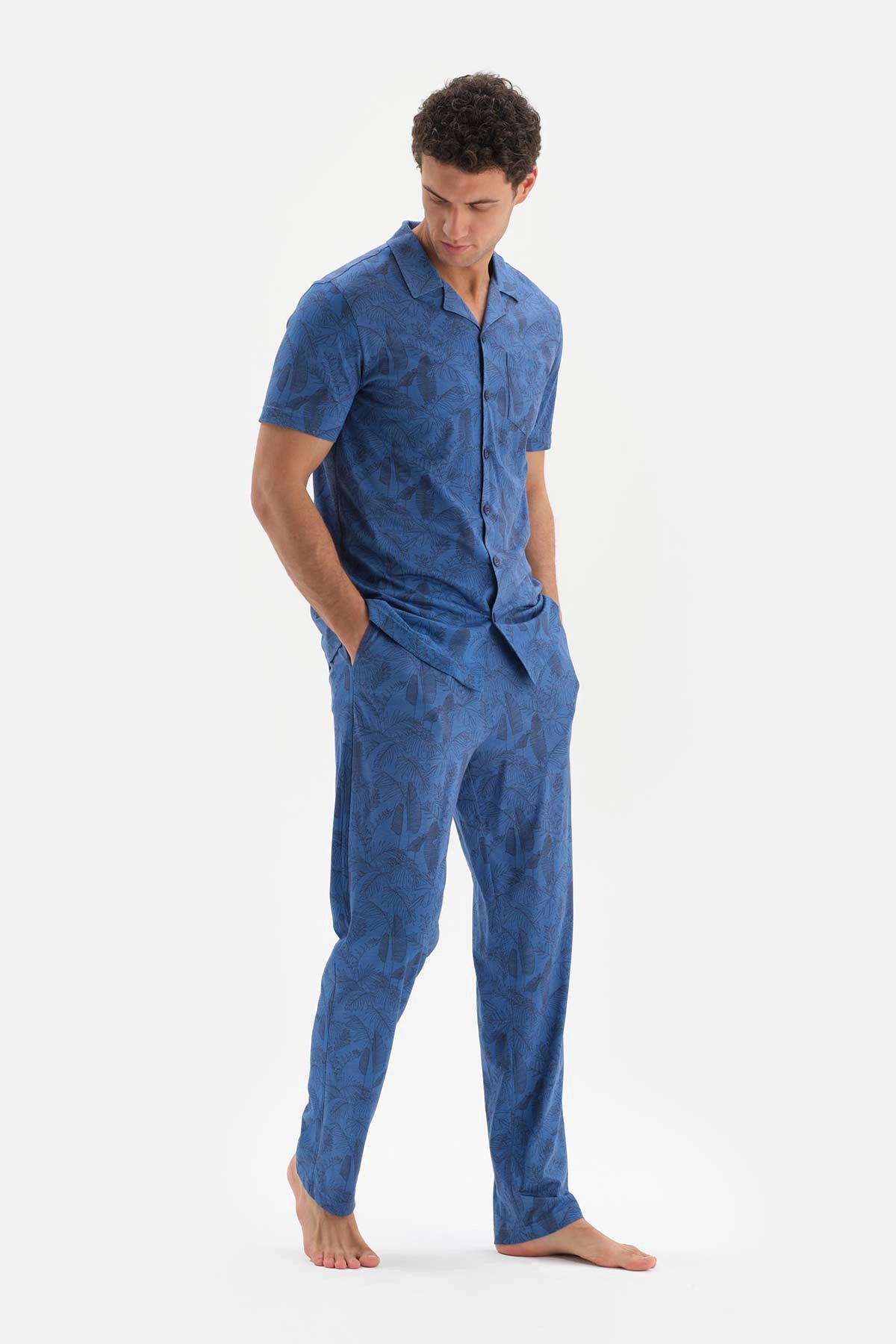 Mavi Gömlek Yaka Metraj Baskılı Pamuk Modal Pijama Takımı