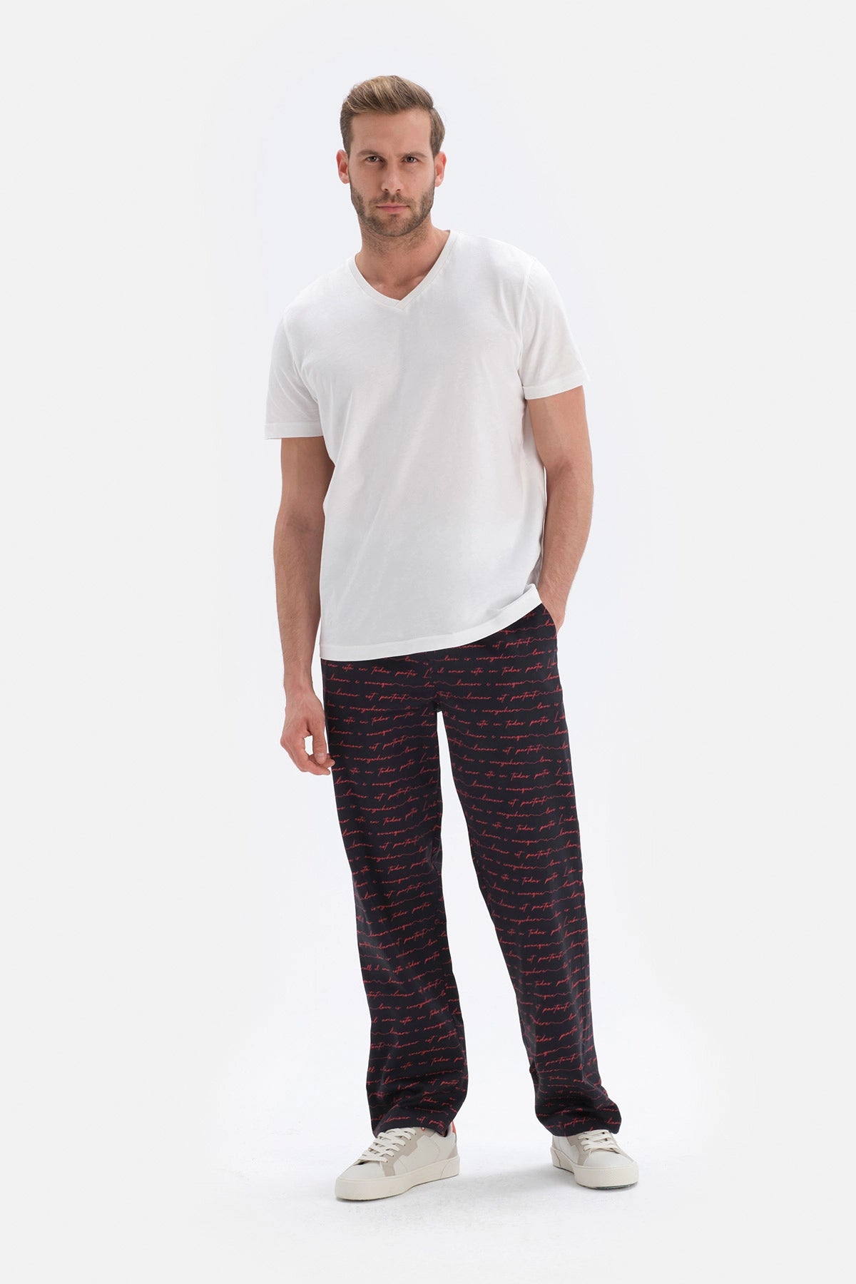 Lacivert Yazı Desenli Dokuma Pijama Alt