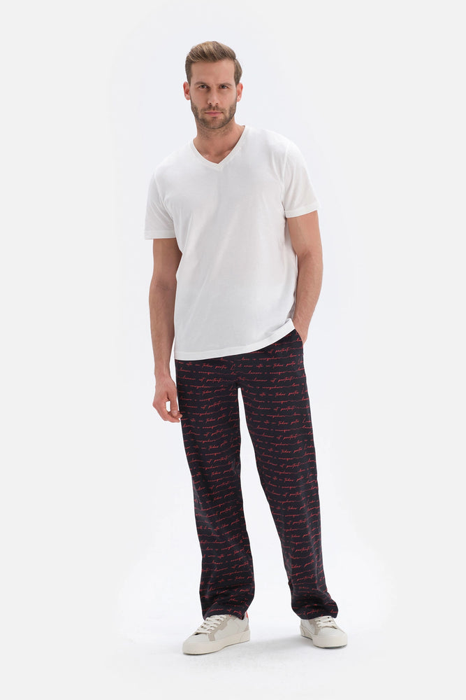Lacivert Yazı Desenli Dokuma Pijama Alt