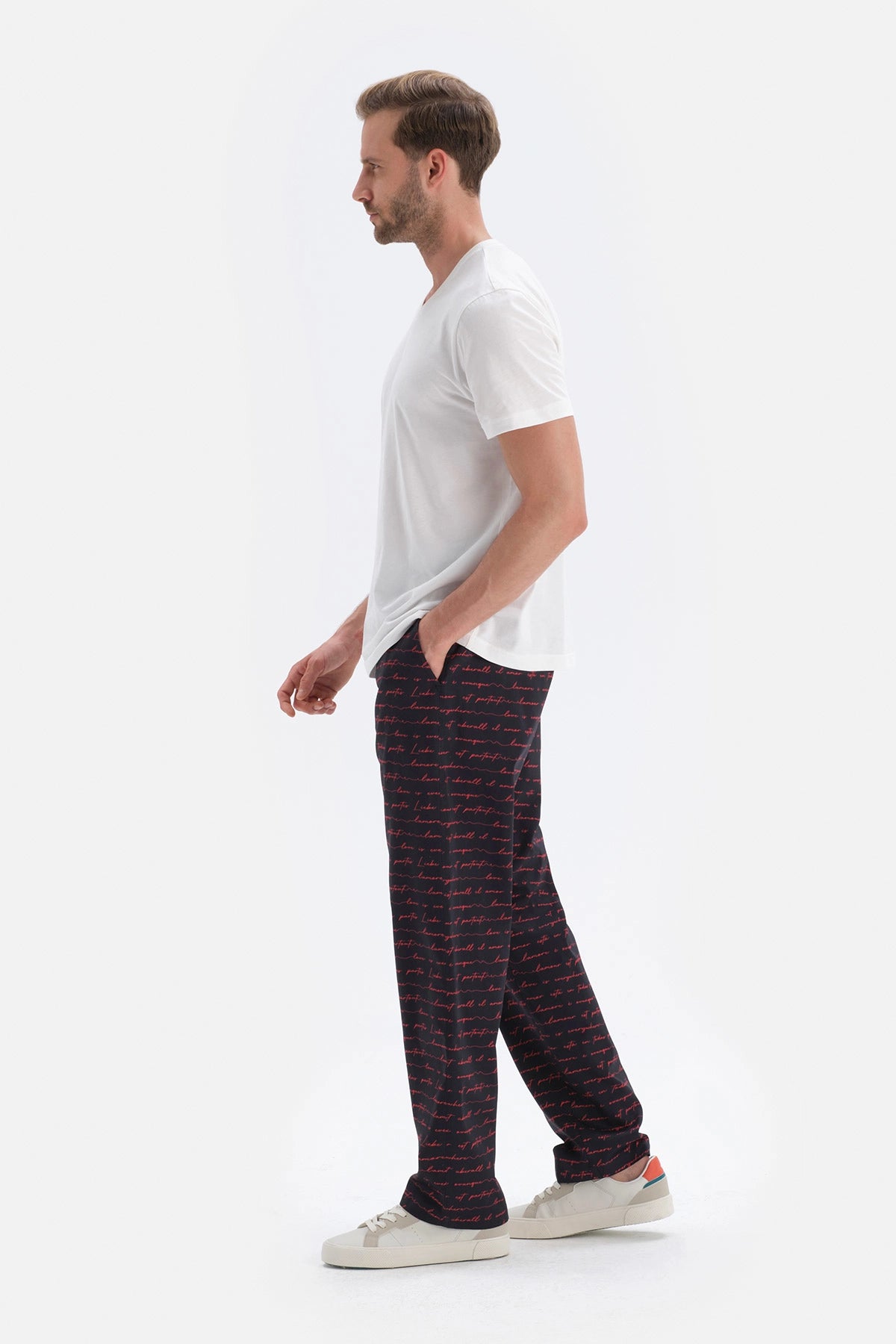 Lacivert Yazı Desenli Dokuma Pijama Alt