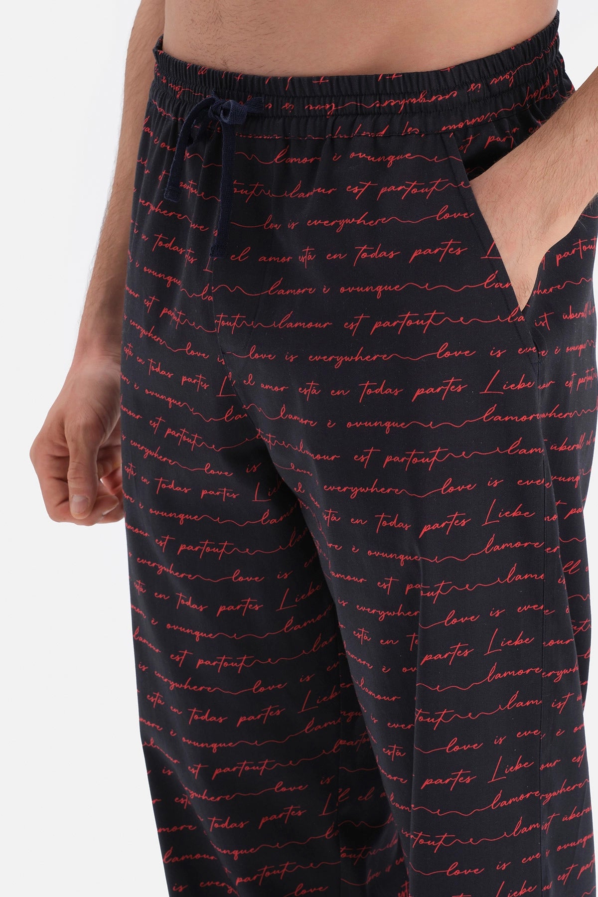 Lacivert Yazı Desenli Dokuma Pijama Alt