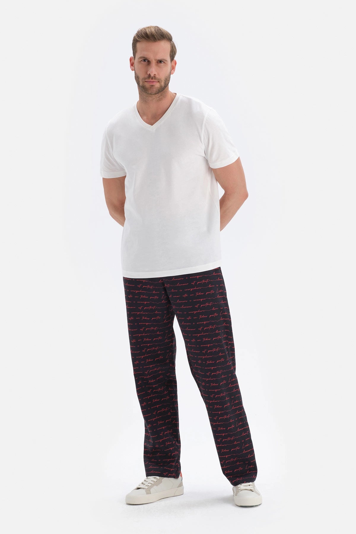 Lacivert Yazı Desenli Dokuma Pijama Alt