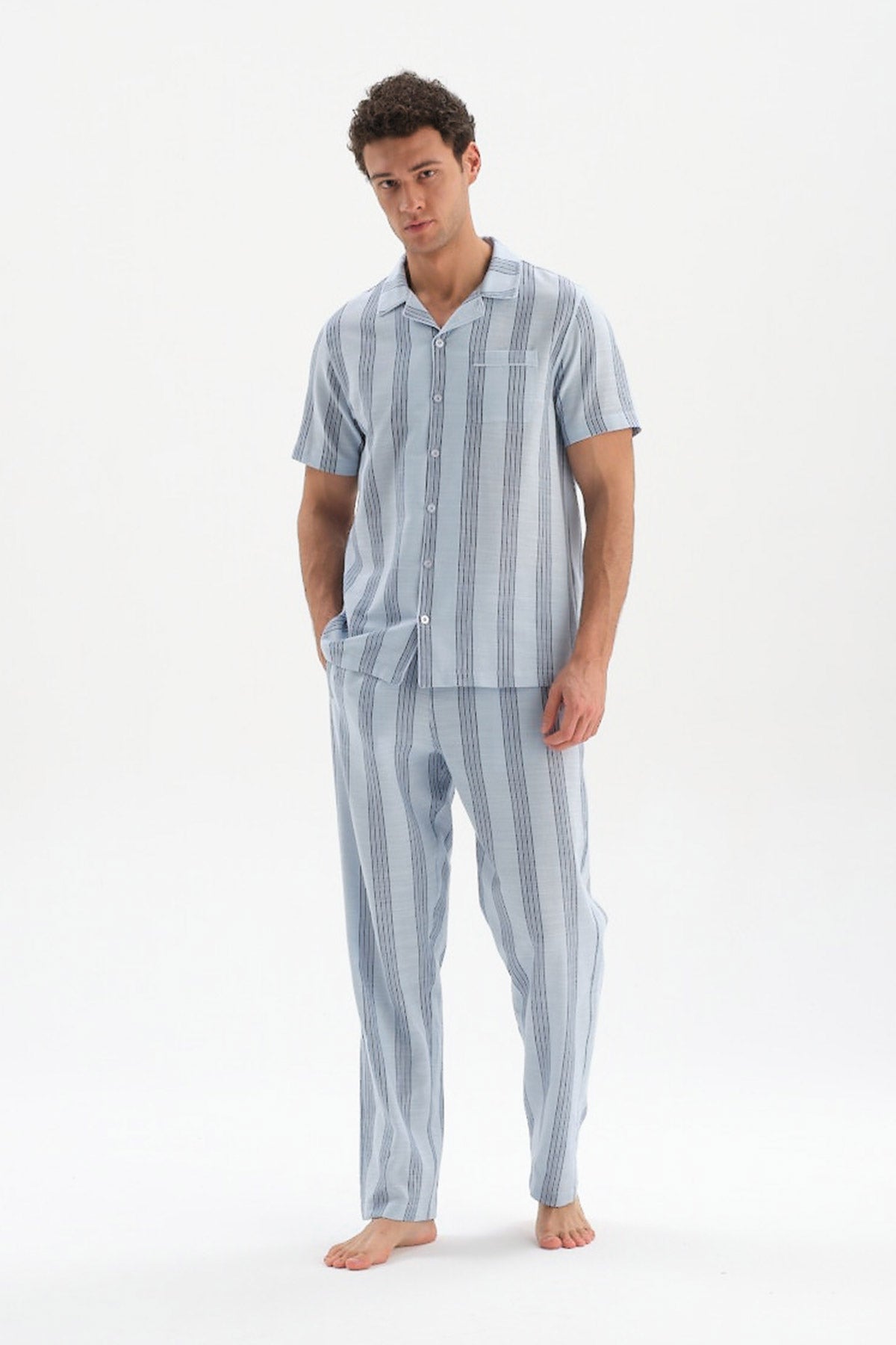 Açıkmavi Çizgili Dokuma Pijama Altı