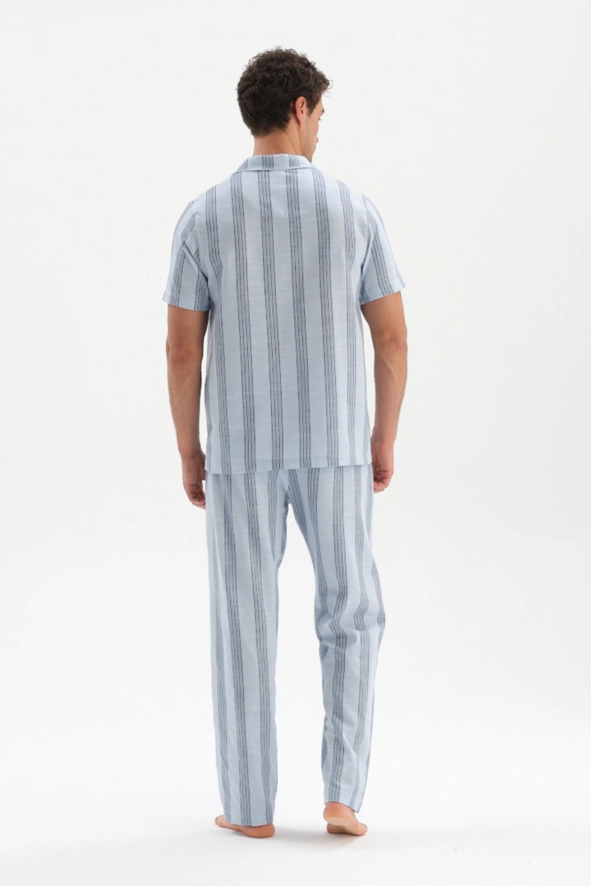 Açıkmavi Çizgili Dokuma Gömlek Pijama Üstü