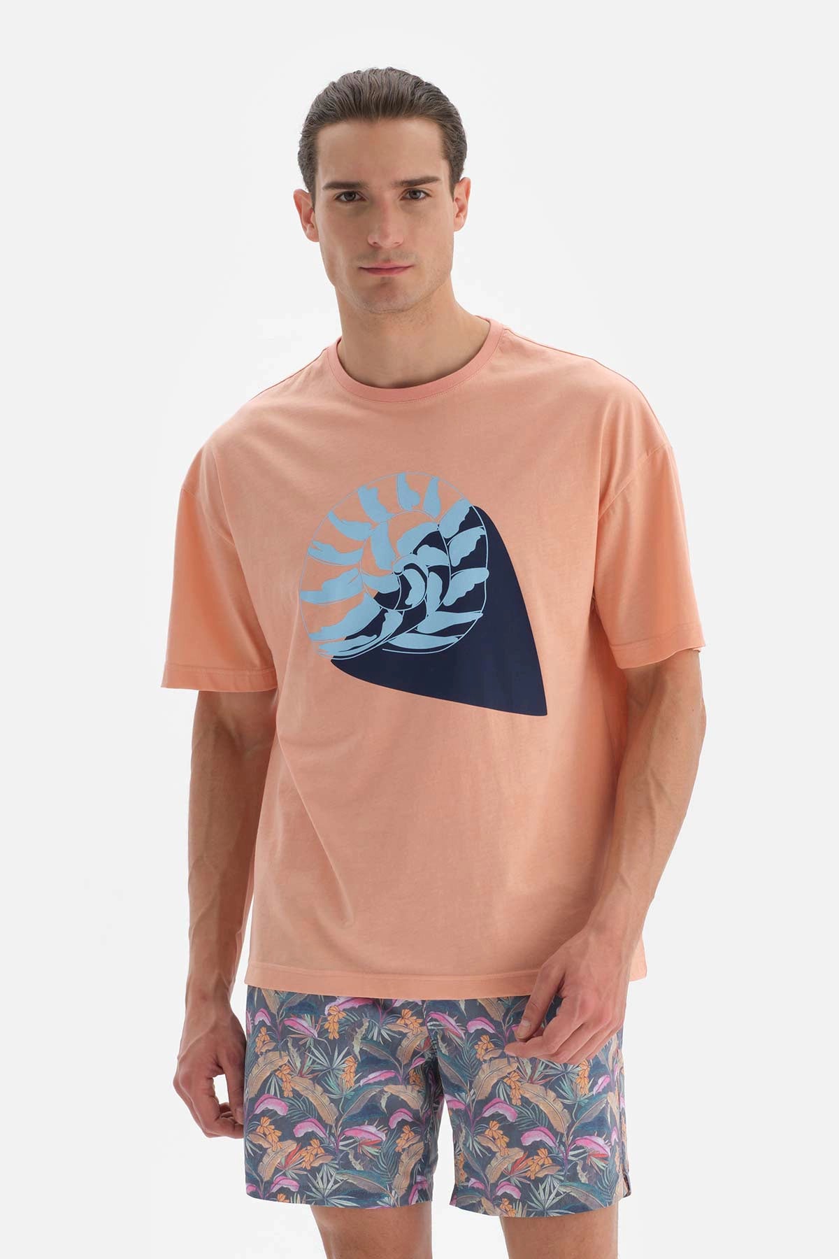 Somon Baskılı Bisiklet Yaka T-Shirt
