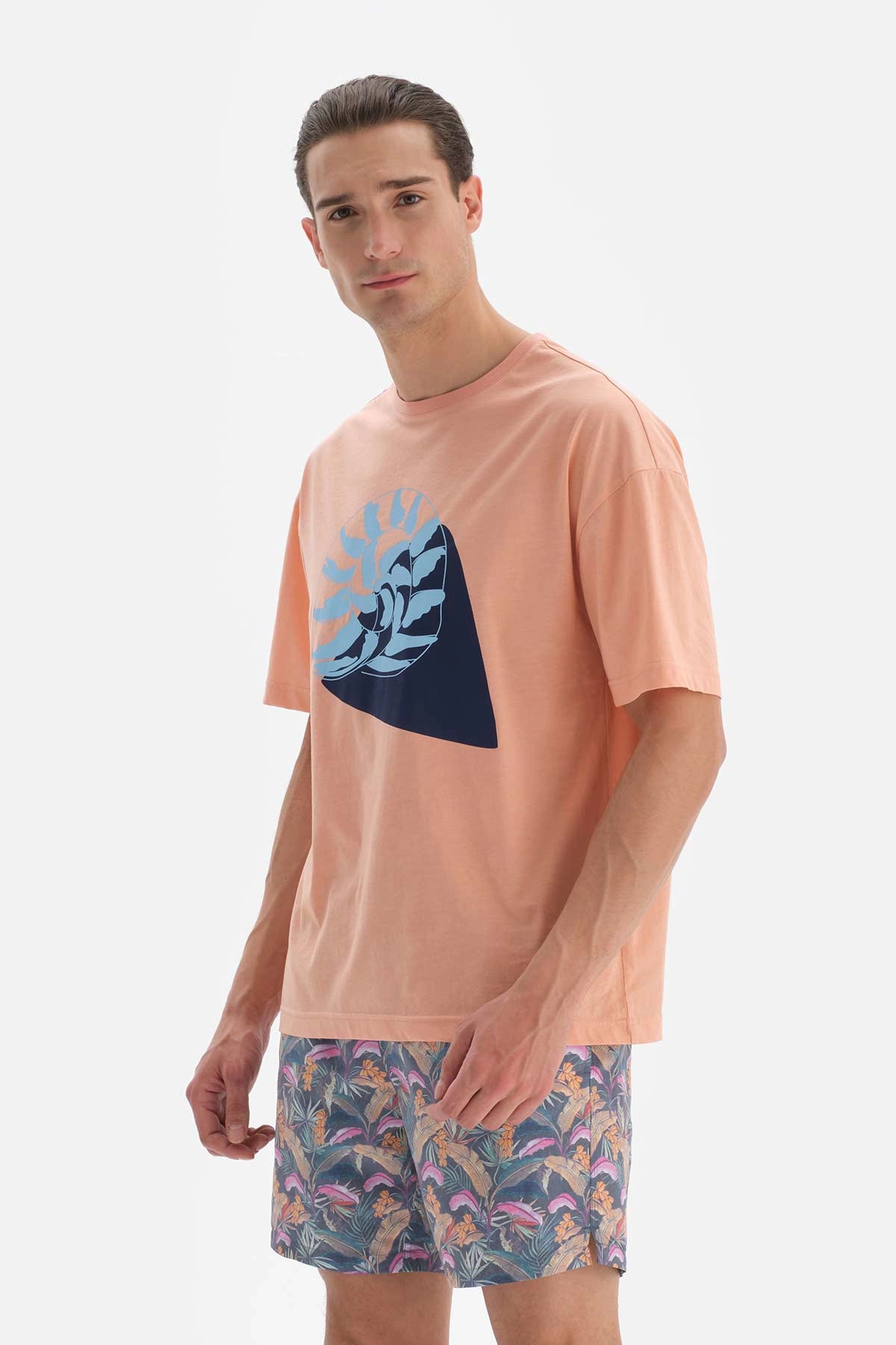 Somon Baskılı Bisiklet Yaka T-Shirt