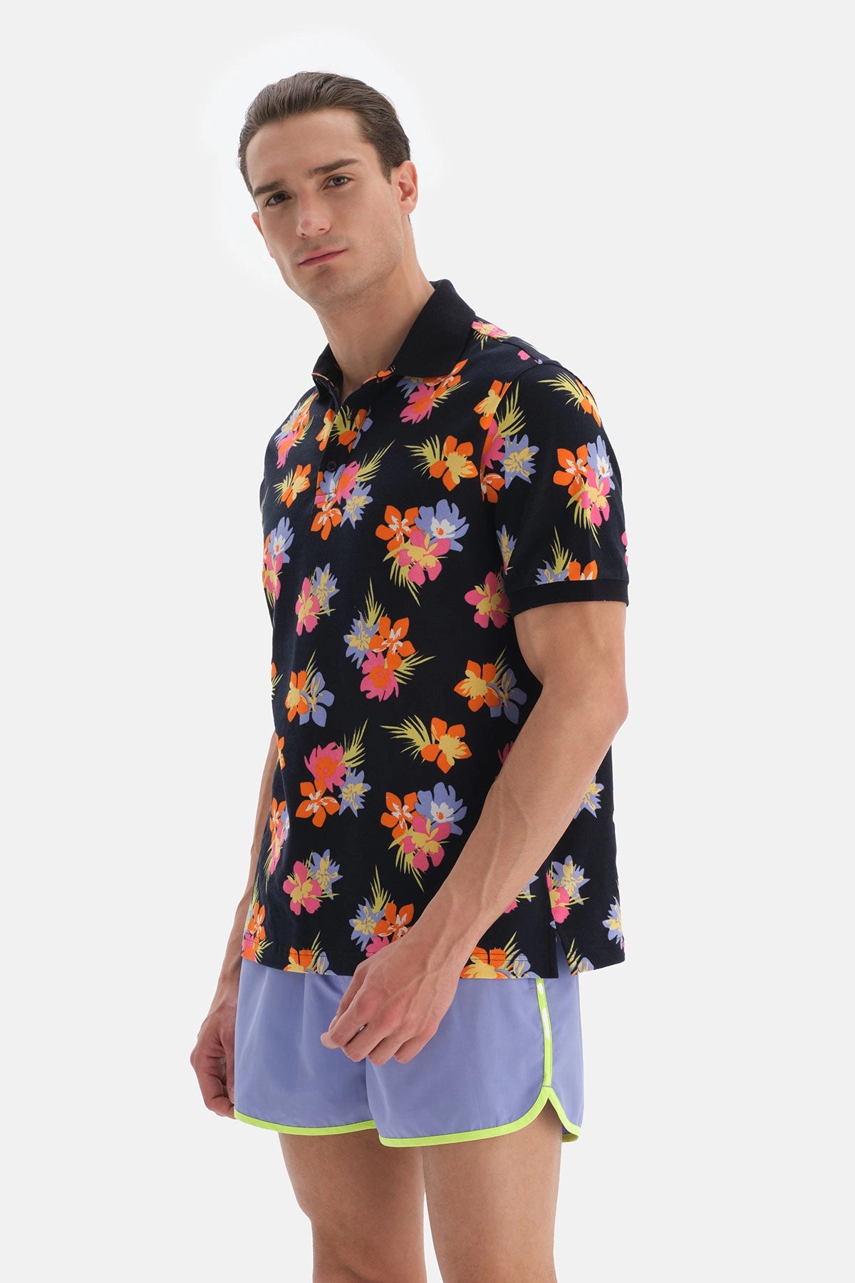 Lacivert - Pembe Çiçek Desenli Pike Polo Yaka TShirt