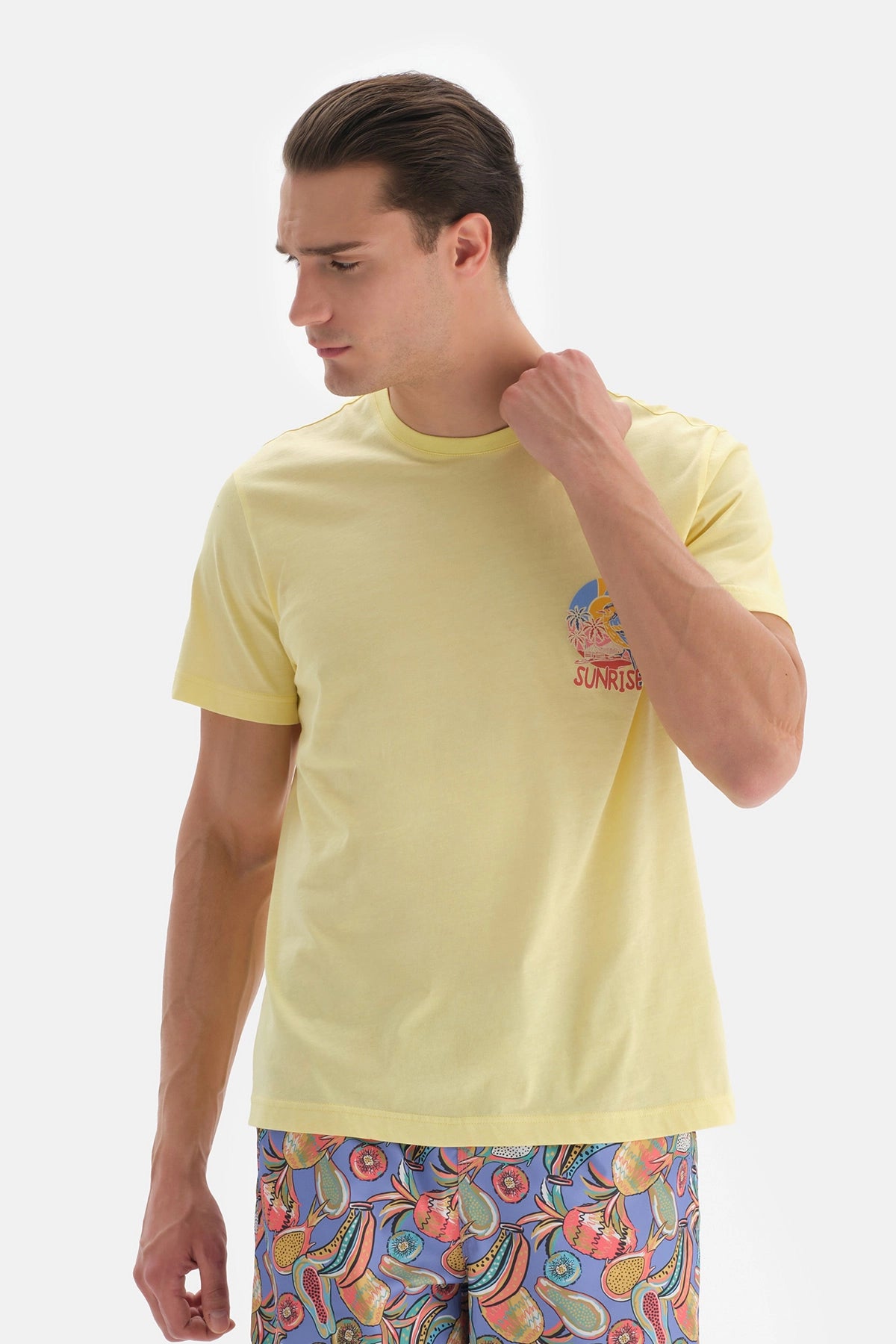 Açık Sarı Baskılı Bisiklet Yaka T-Shirt