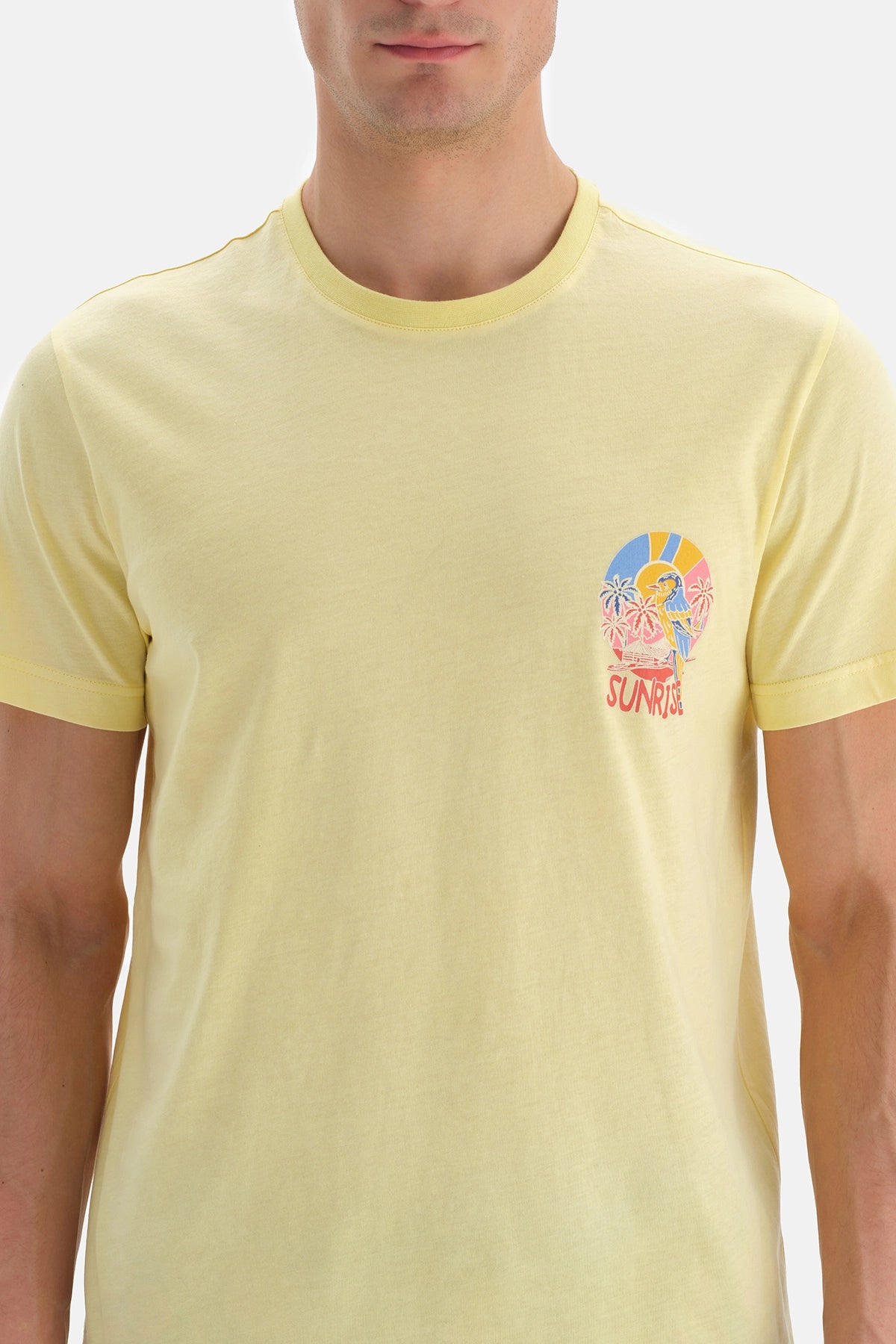 Açık Sarı Baskılı Bisiklet Yaka T-Shirt
