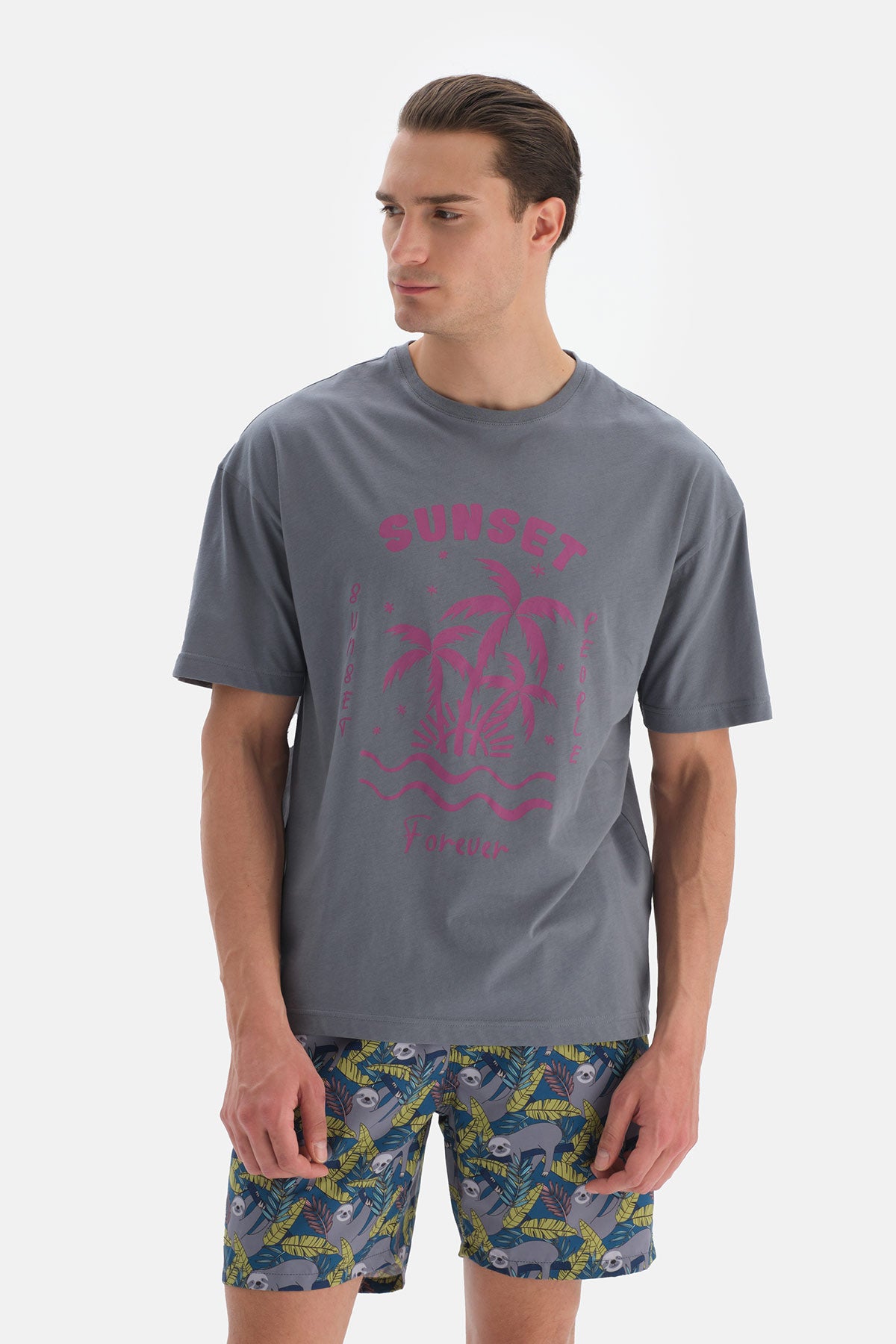 Antrasit Baskılı Bisiklet Yaka T-Shirt