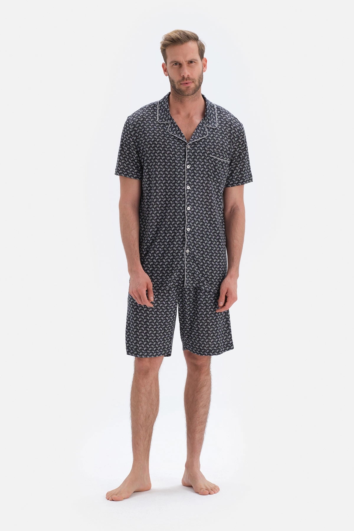 Siyah Şal Desenli Modal Damat Şortlu Pijama Takımı