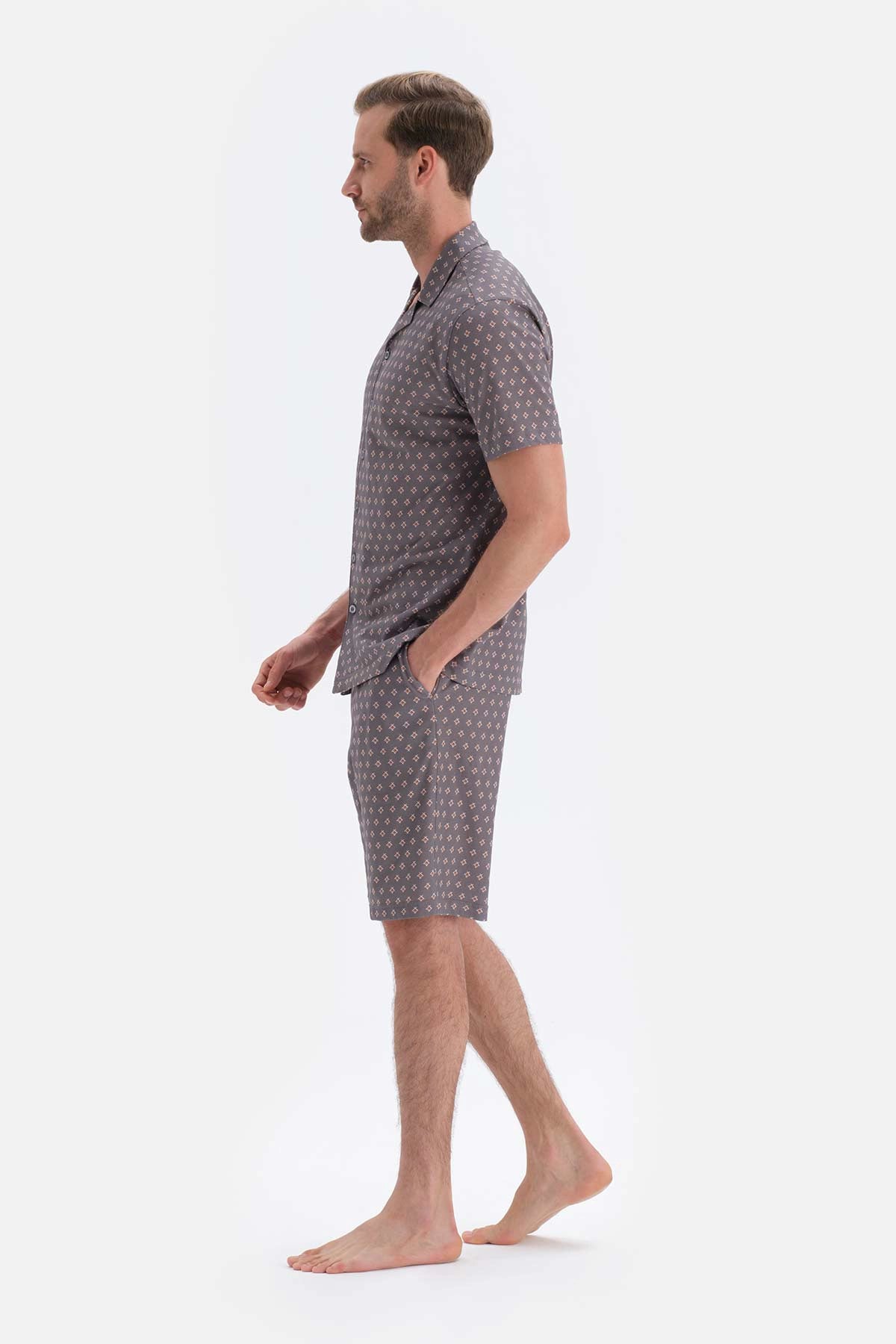 Gri Metraj Baskılı Gömlek Şort Örme Pijama Takımı