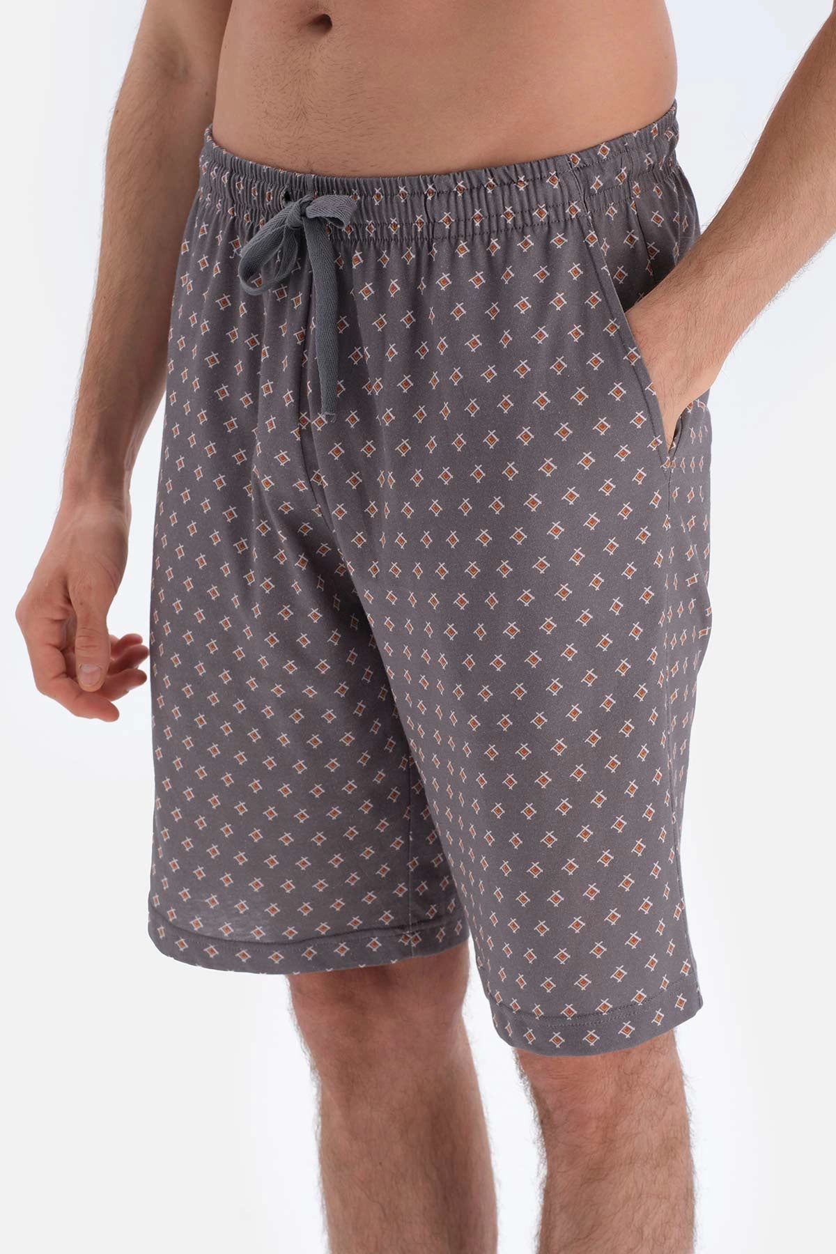 Gri Metraj Baskılı Gömlek Şort Örme Pijama Takımı