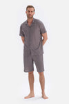 Gri Metraj Baskılı Gömlek Şort Örme Pijama Takımı