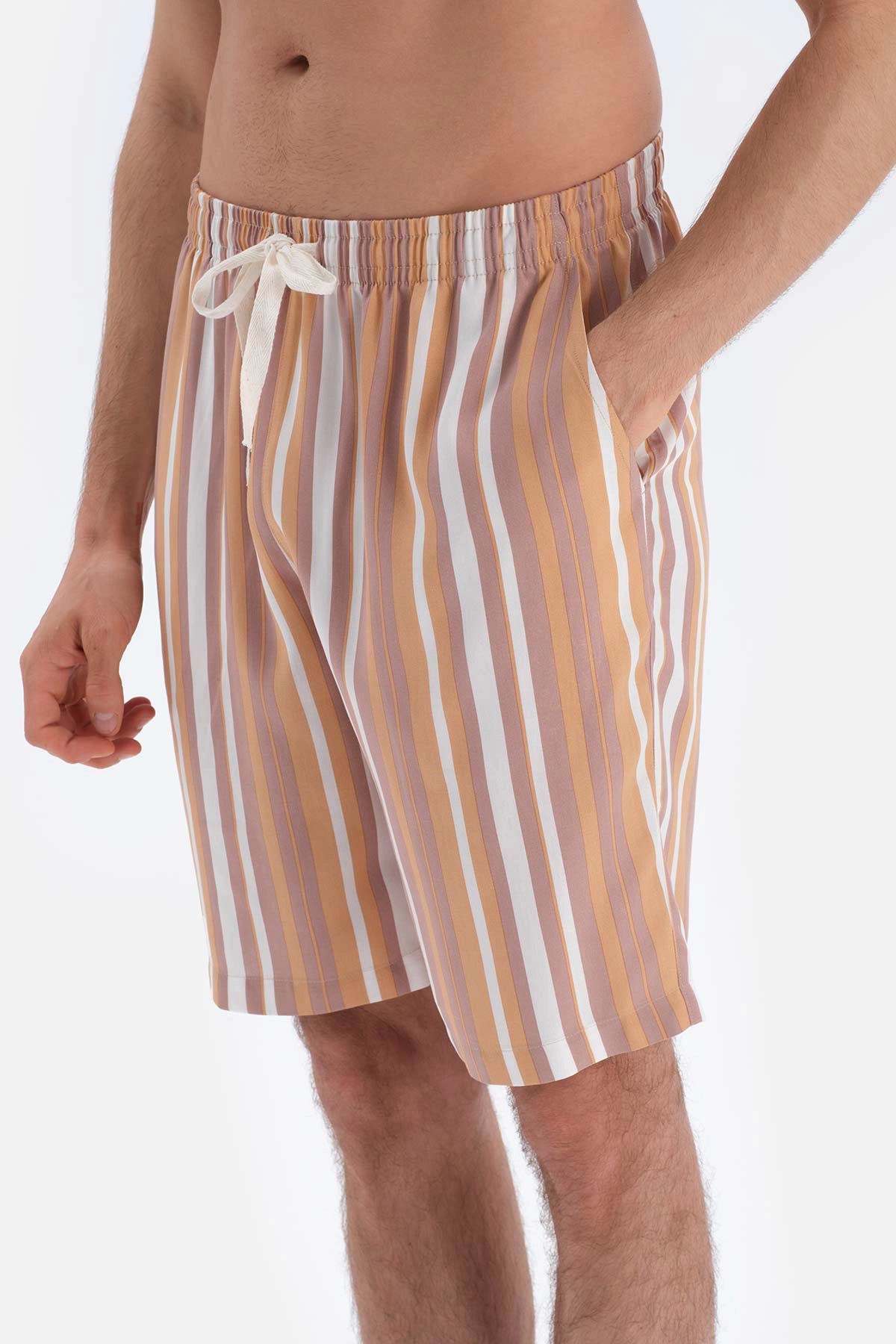 Kahverengi Çizgili Gömlek Yaka Şort Dokuma Pijama Takımı