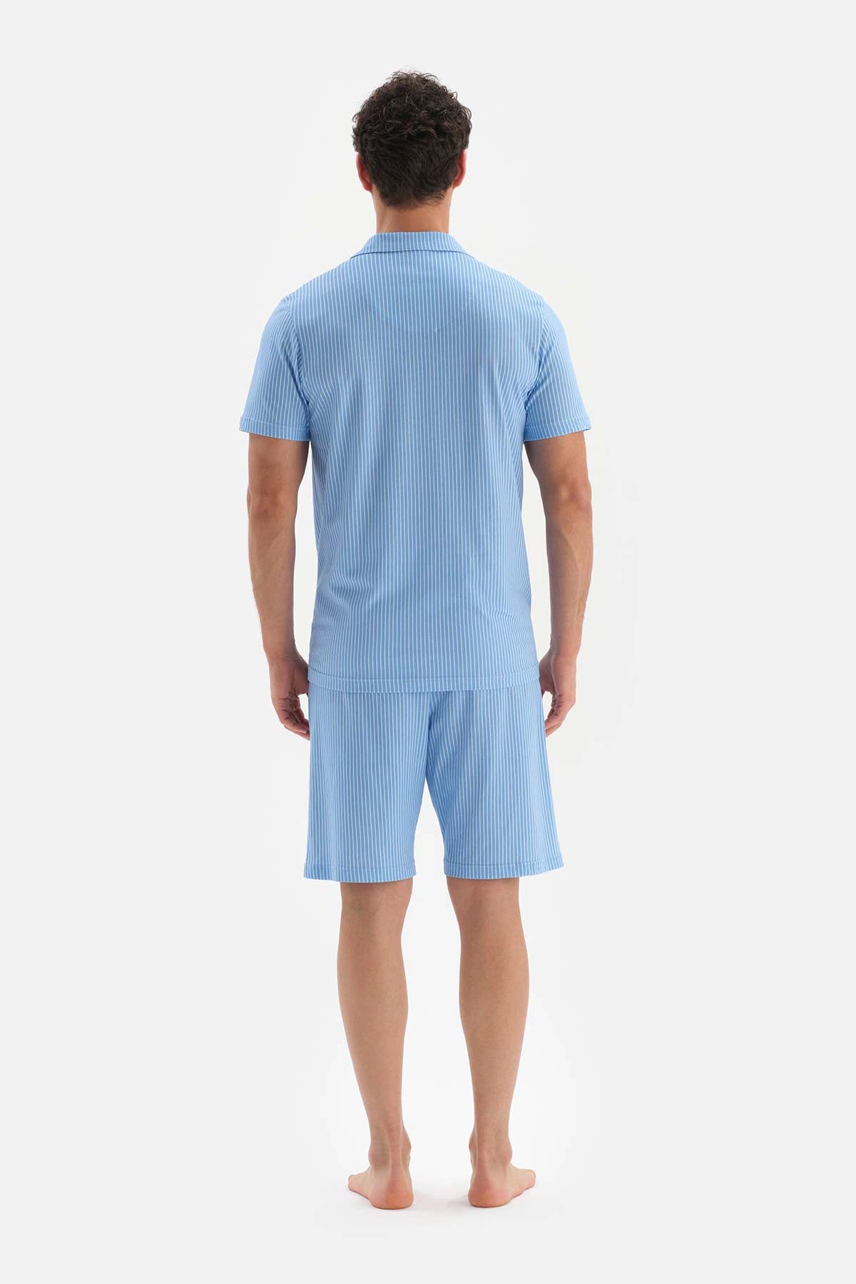 Mavi Gömlek Yaka Metraj Baskılı Şort Pijama Takımı