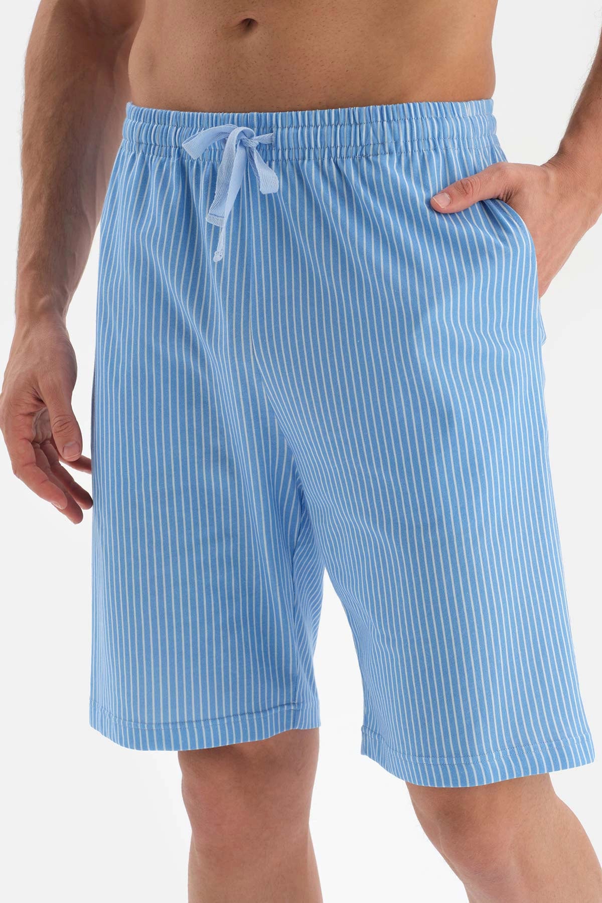 Mavi Gömlek Yaka Metraj Baskılı Şort Pijama Takımı