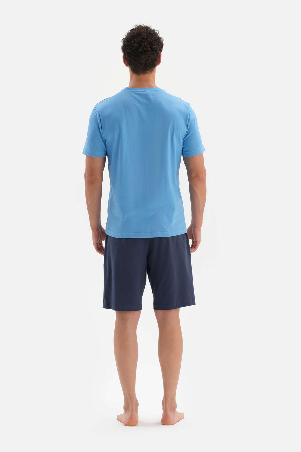 Mavi Bisiklet Yaka Kabartma Baskılı Şort Pijama Takımı