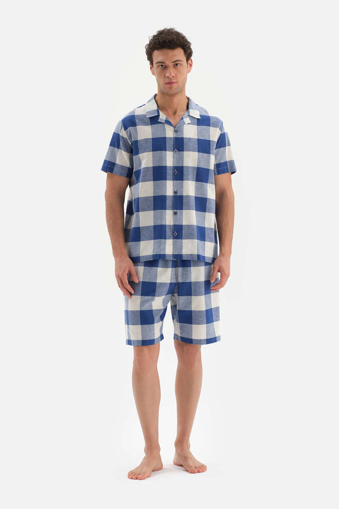 Lacivert Gömlek Yaka Ekose Dokuma Pijama Takımı