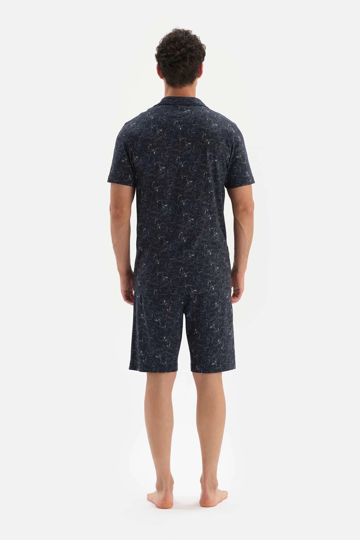 Lacivert Gömlek Yaka Şal Desenli Örme Şortlu Pijama Takımı