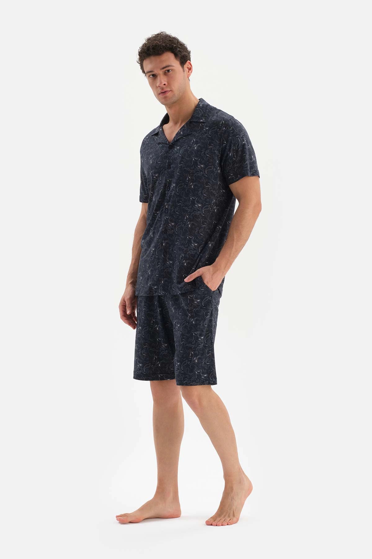 Lacivert Gömlek Yaka Şal Desenli Örme Şortlu Pijama Takımı