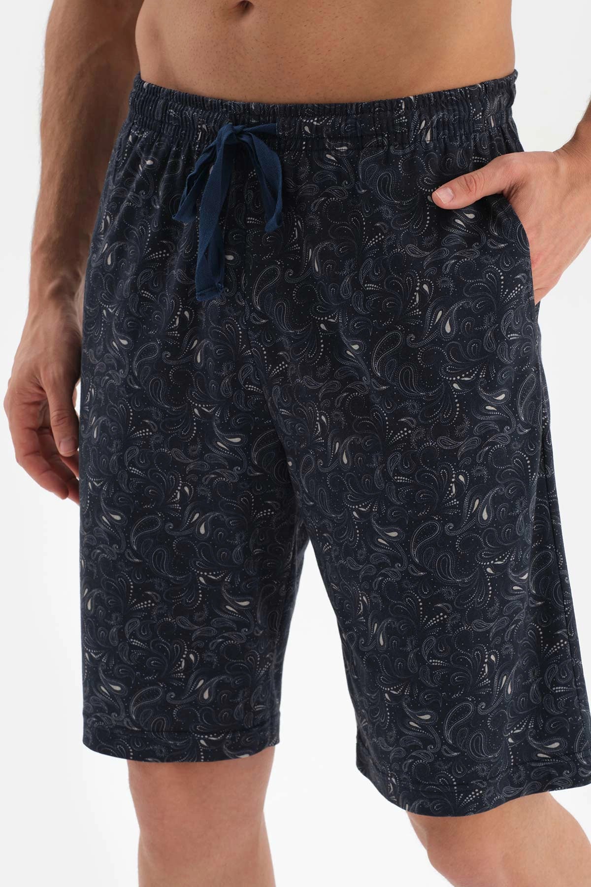 Lacivert Gömlek Yaka Şal Desenli Örme Şortlu Pijama Takımı