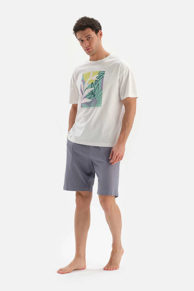 Ekru Oversize Bis Yaka Baskılı Şort Pijama Takımı