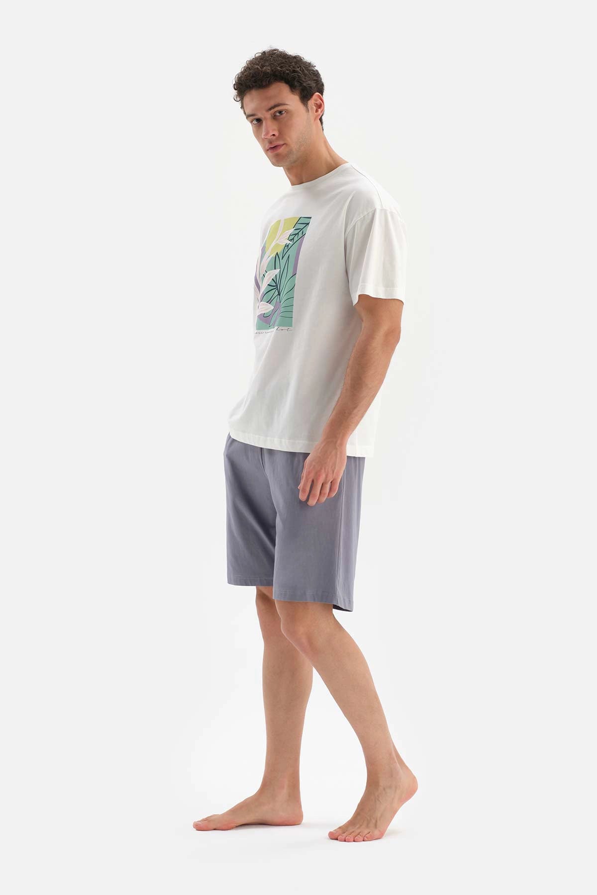 Ekru Oversize Bis Yaka Baskılı Şort Pijama Takımı