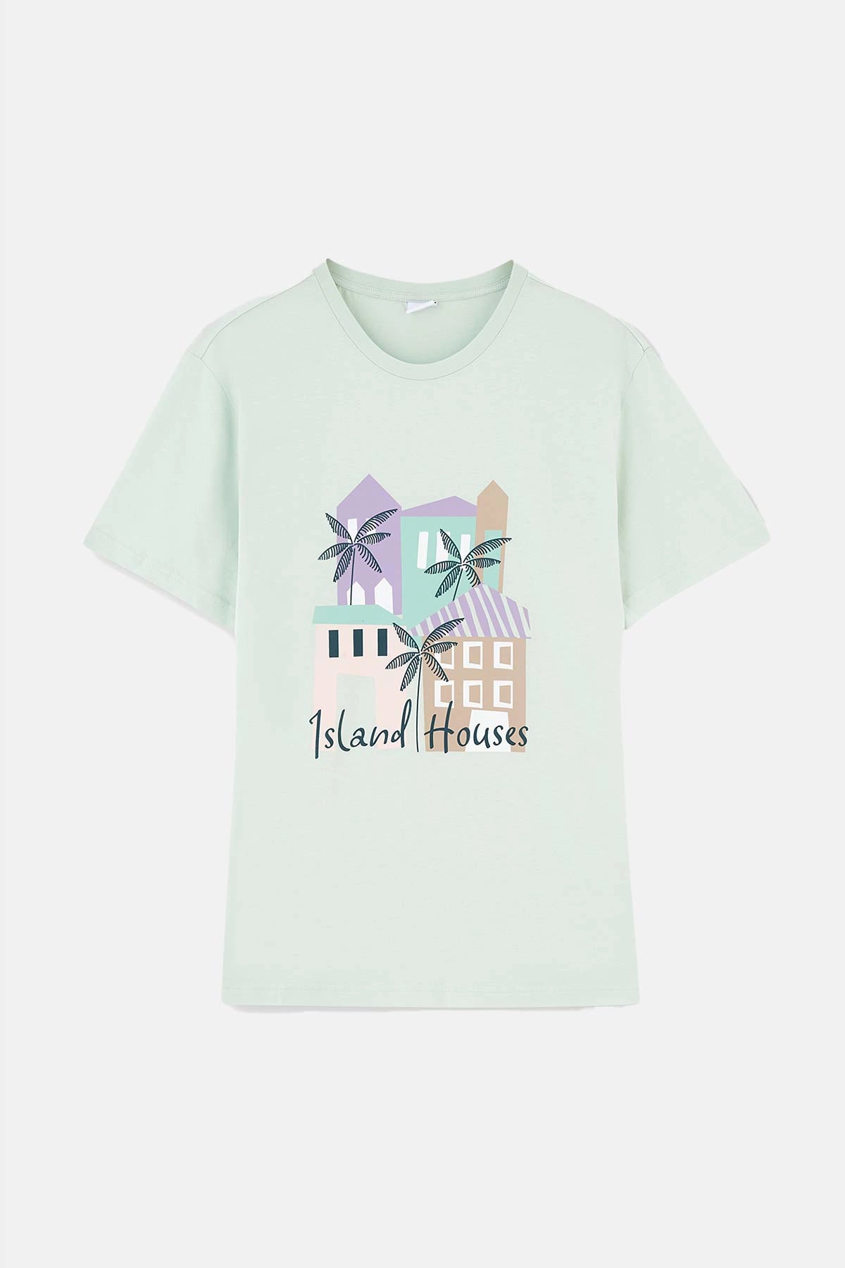 Mint Yeşili Bisiklet Yaka Baskılı Şortşu Pijama Takımı
