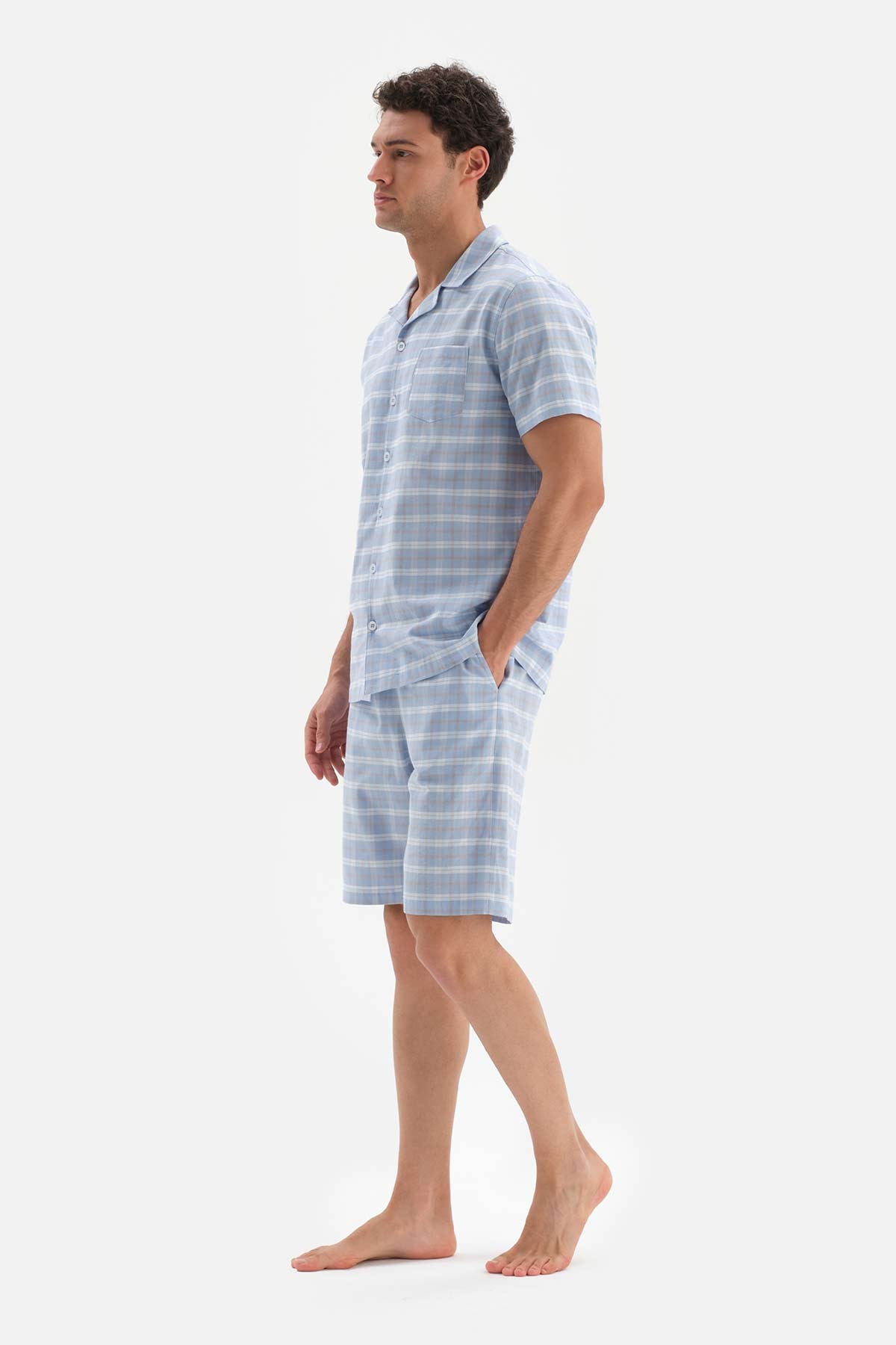 Açıkmavi Gömlek Yaka Ekose Dokuma Şortlu Pijama Takımı