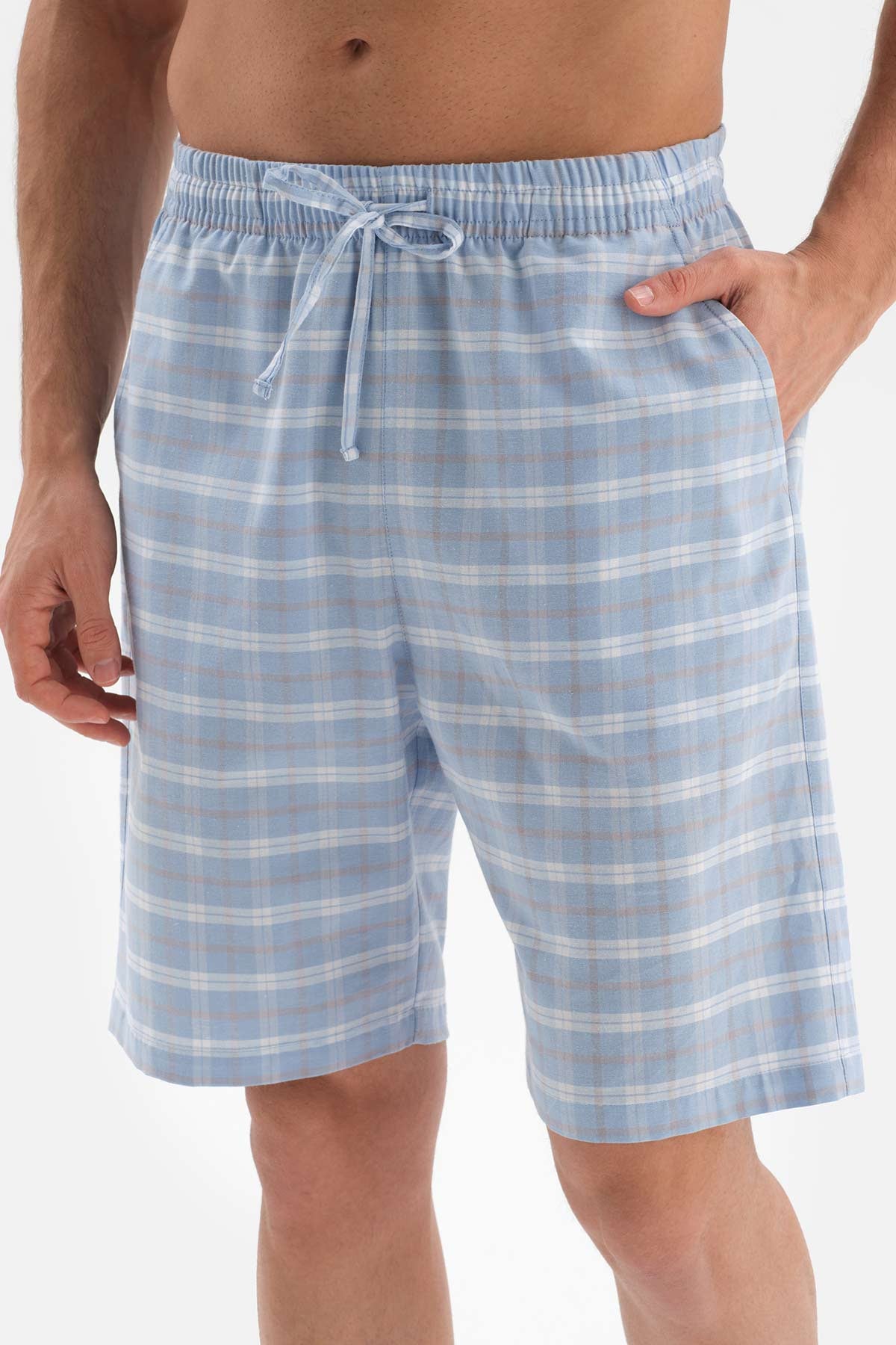 Açıkmavi Gömlek Yaka Ekose Dokuma Şortlu Pijama Takımı