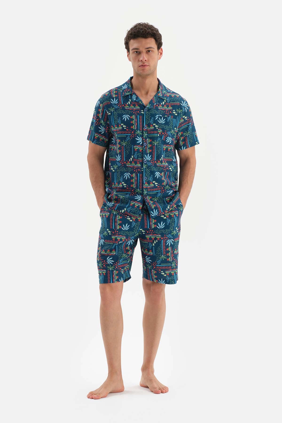 Lacivert Gömlek Yaka Metraj Baskılı Dokuma Pijama Takımı