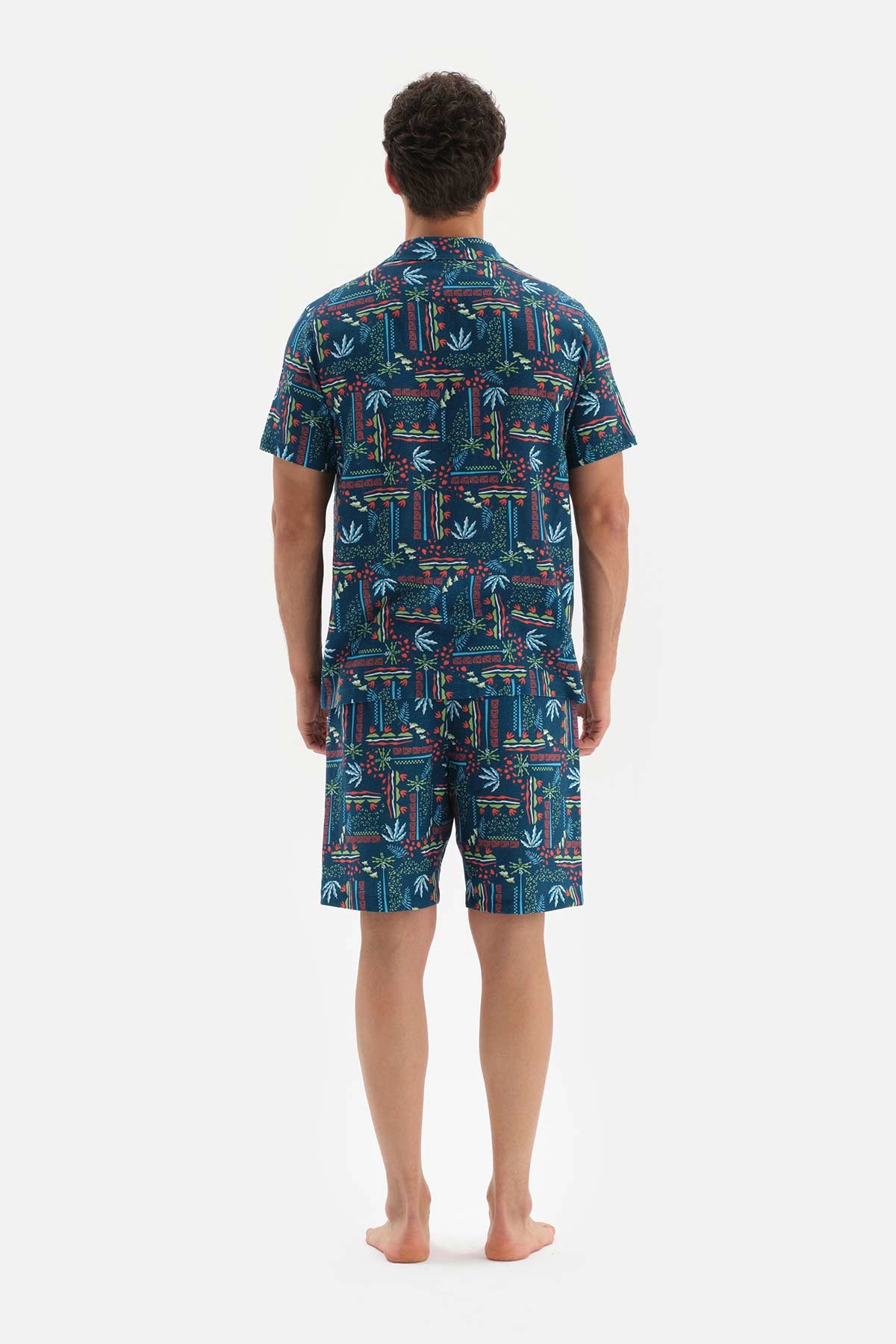 Lacivert Gömlek Yaka Metraj Baskılı Dokuma Pijama Takımı