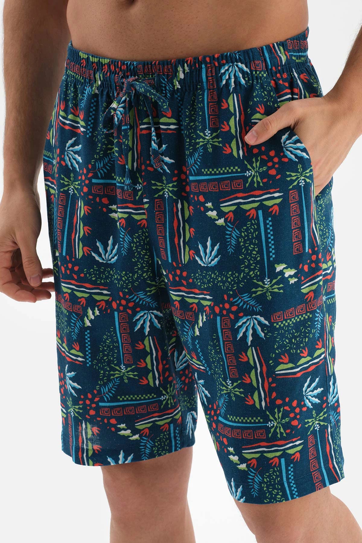 Lacivert Gömlek Yaka Metraj Baskılı Dokuma Pijama Takımı