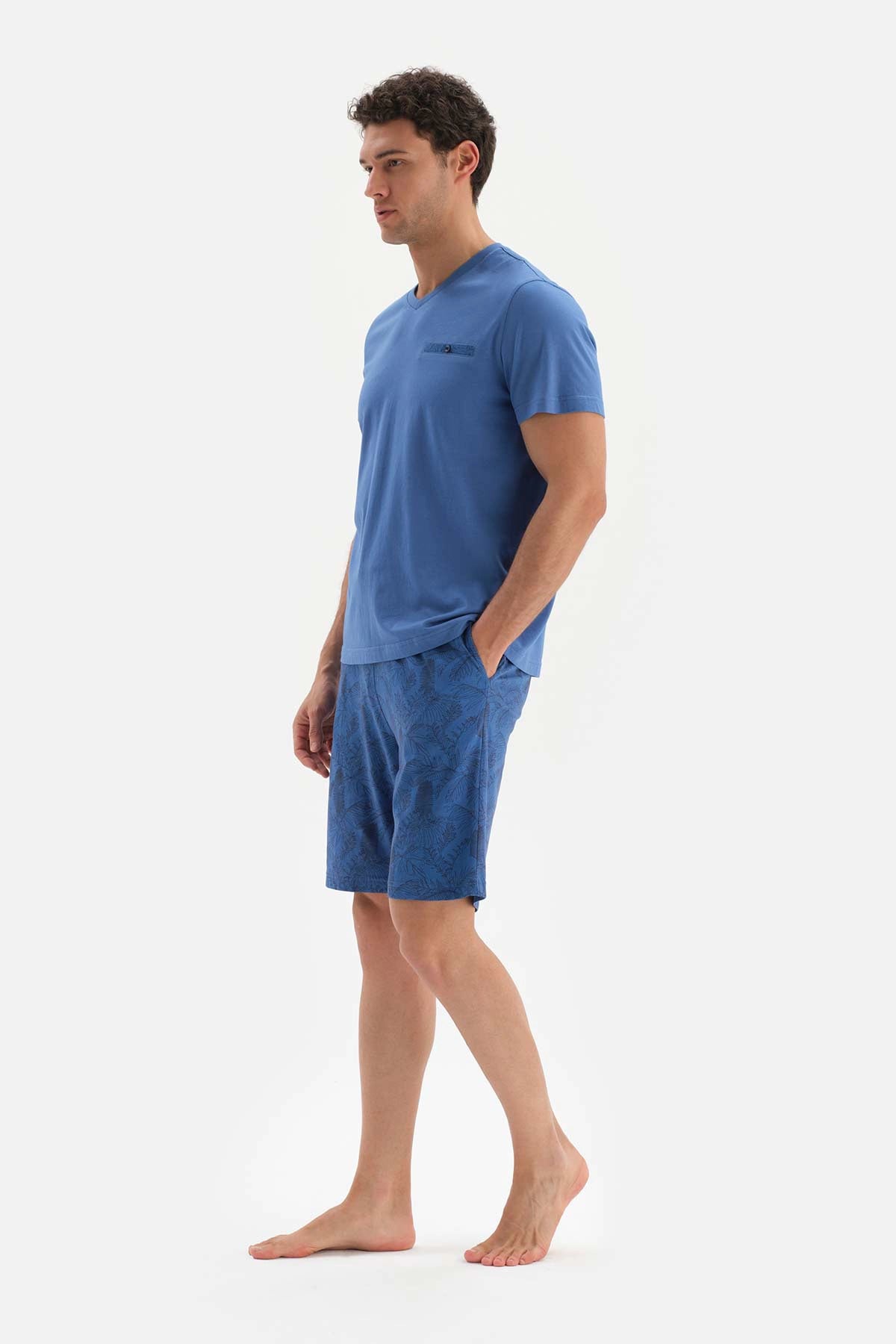 Mavi V Yaka Kısa Kollu Örme Pijama Takımı