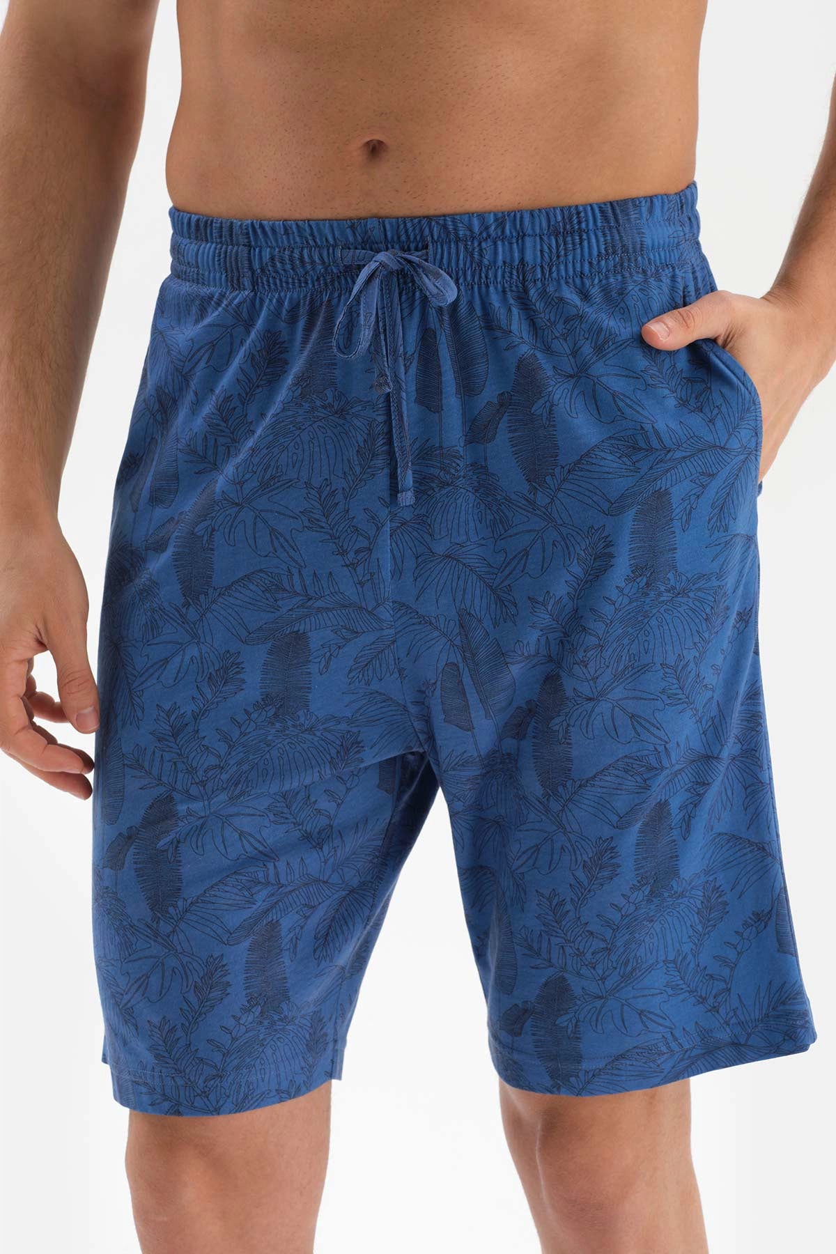 Mavi V Yaka Kısa Kollu Örme Pijama Takımı