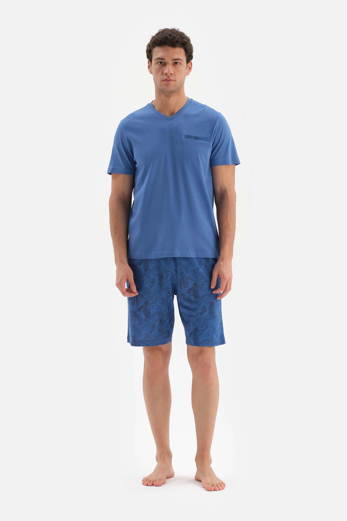 Mavi V Yaka Kısa Kollu Örme Pijama Takımı
