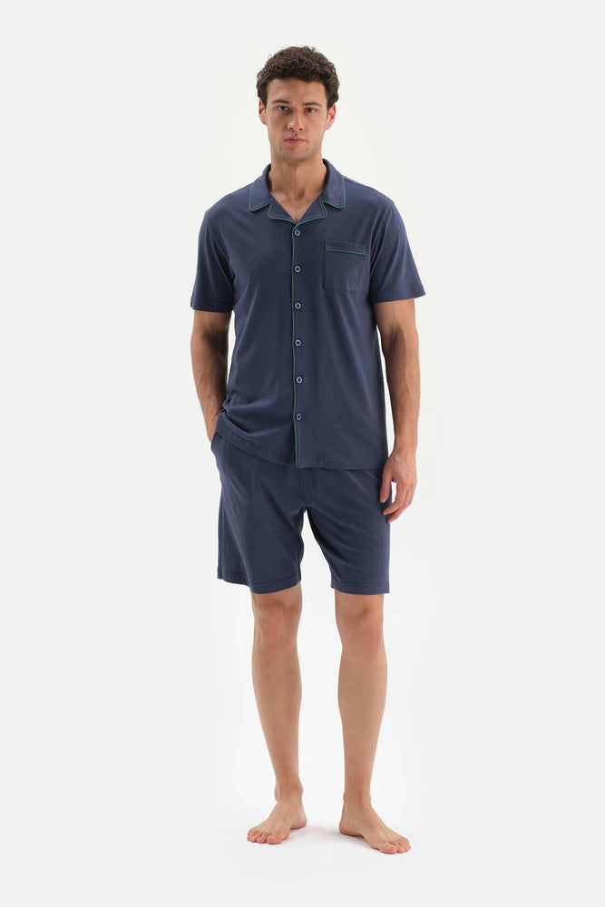 Lacivert Gömlek Yaka Kısa Kollu Şortlu Örme Pijama Takımı