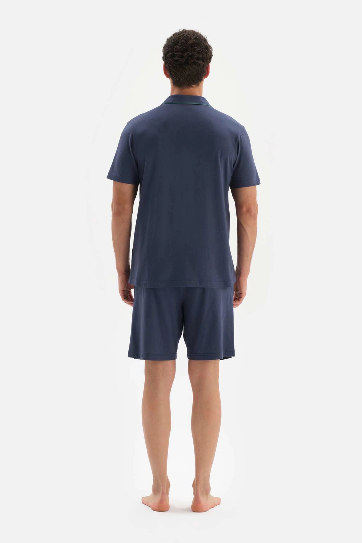 Lacivert Gömlek Yaka Kısa Kollu Şortlu Örme Pijama Takımı
