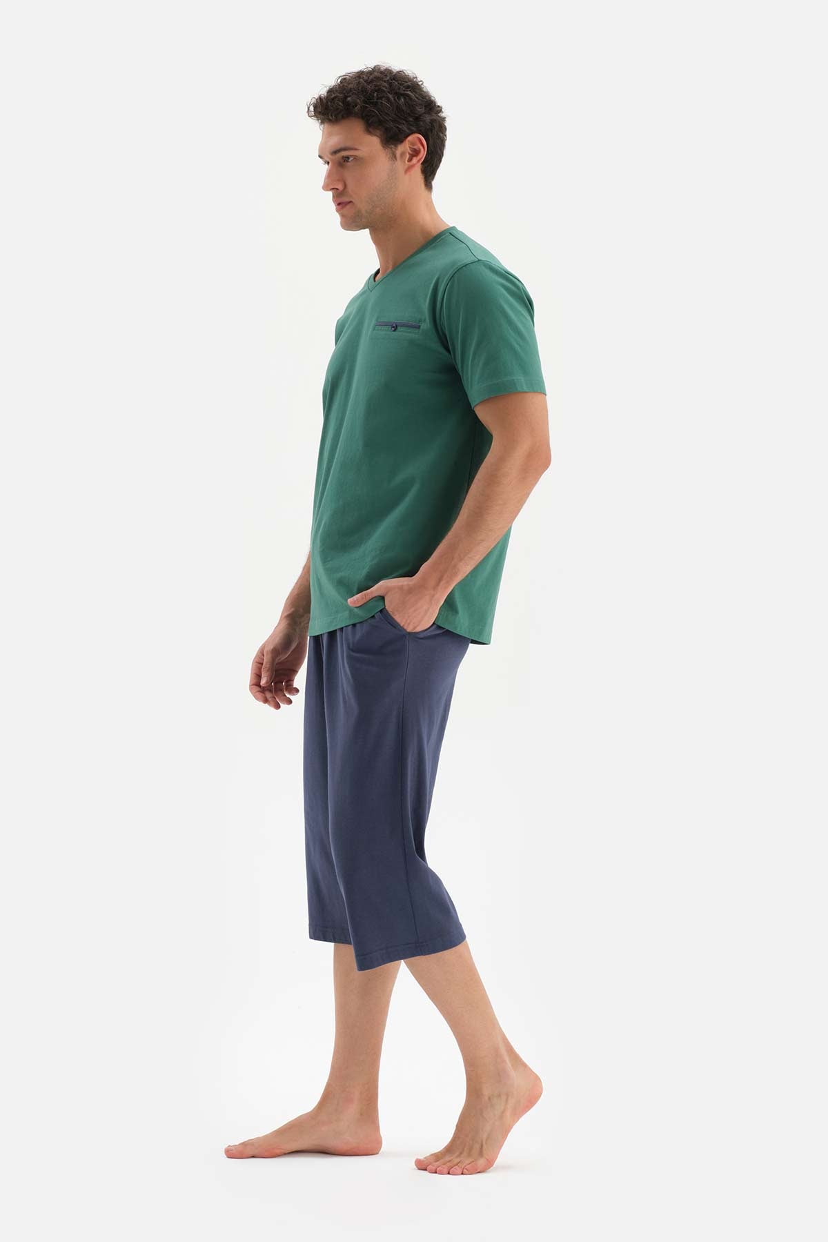 Haki V Yaka Altı Kapri Örme Pijama Takımı