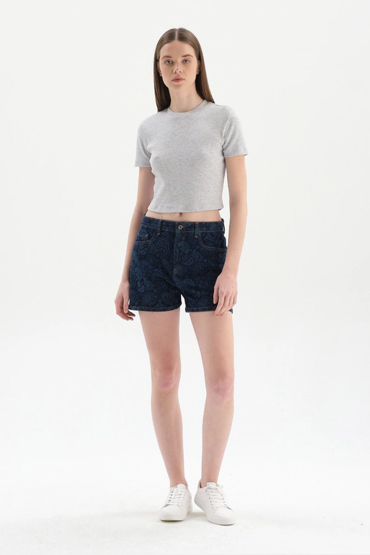 Gri Melanj Bisiklet Yaka Kısa Kol Crop T-Shirt