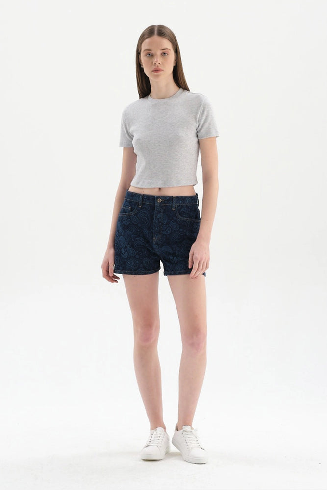 Gri Melanj Bisiklet Yaka Kısa Kol Crop T-Shirt