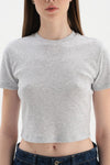 Gri Melanj Bisiklet Yaka Kısa Kol Crop T-Shirt