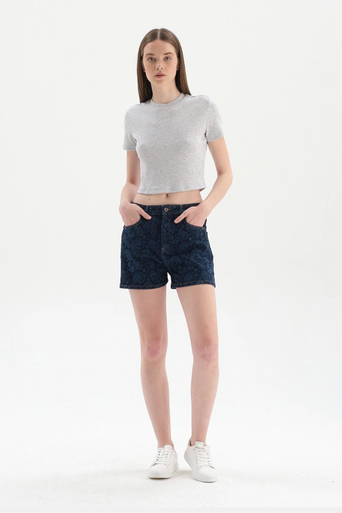 Gri Melanj Bisiklet Yaka Kısa Kol Crop T-Shirt